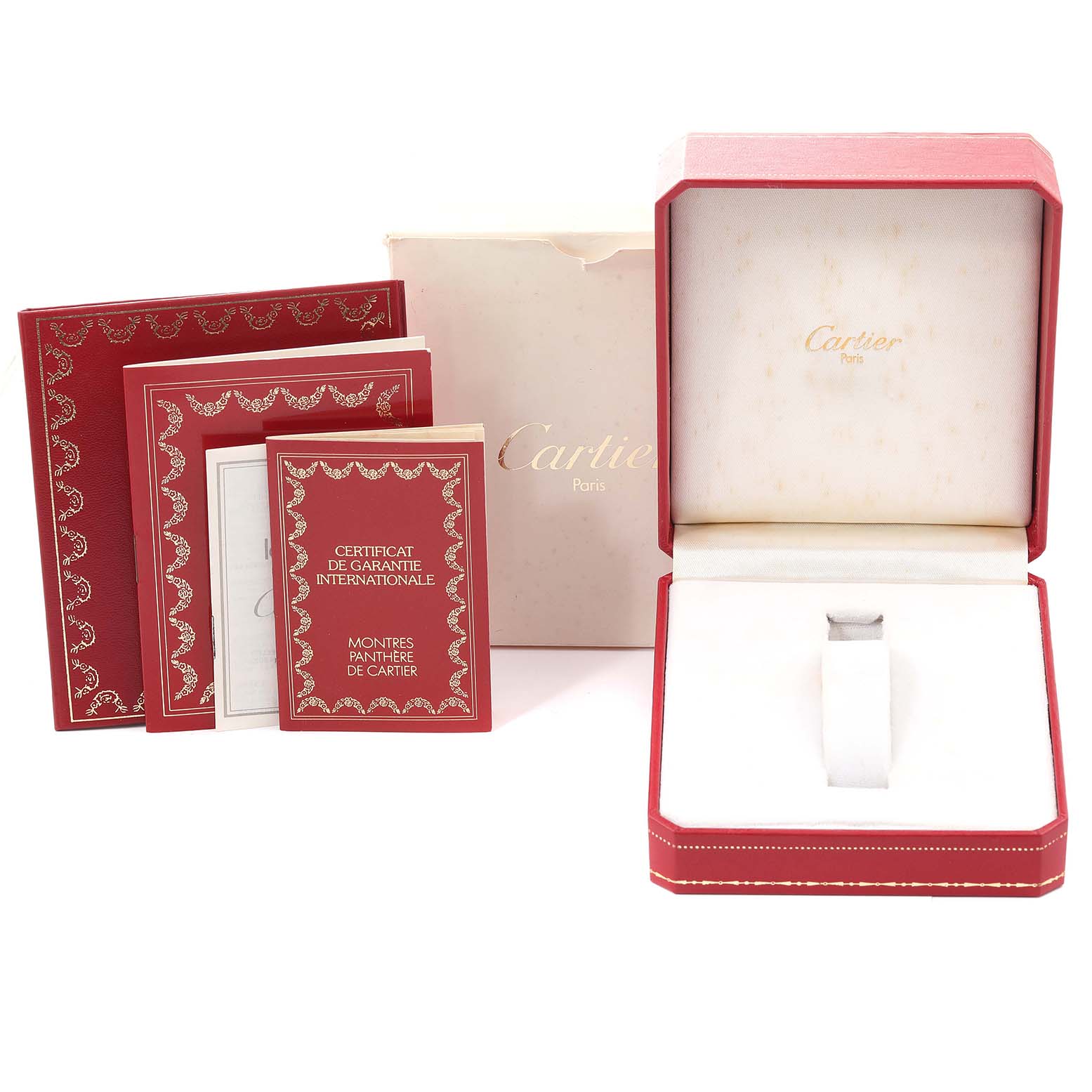 The image shows the packaging, documentation, and empty box for a Cartier Panthere W25029B6 Women's Steel and Gold (two tone) Silver Dial W25029B6 Women's Steel and Gold (two tone) Silver Dial watch.
