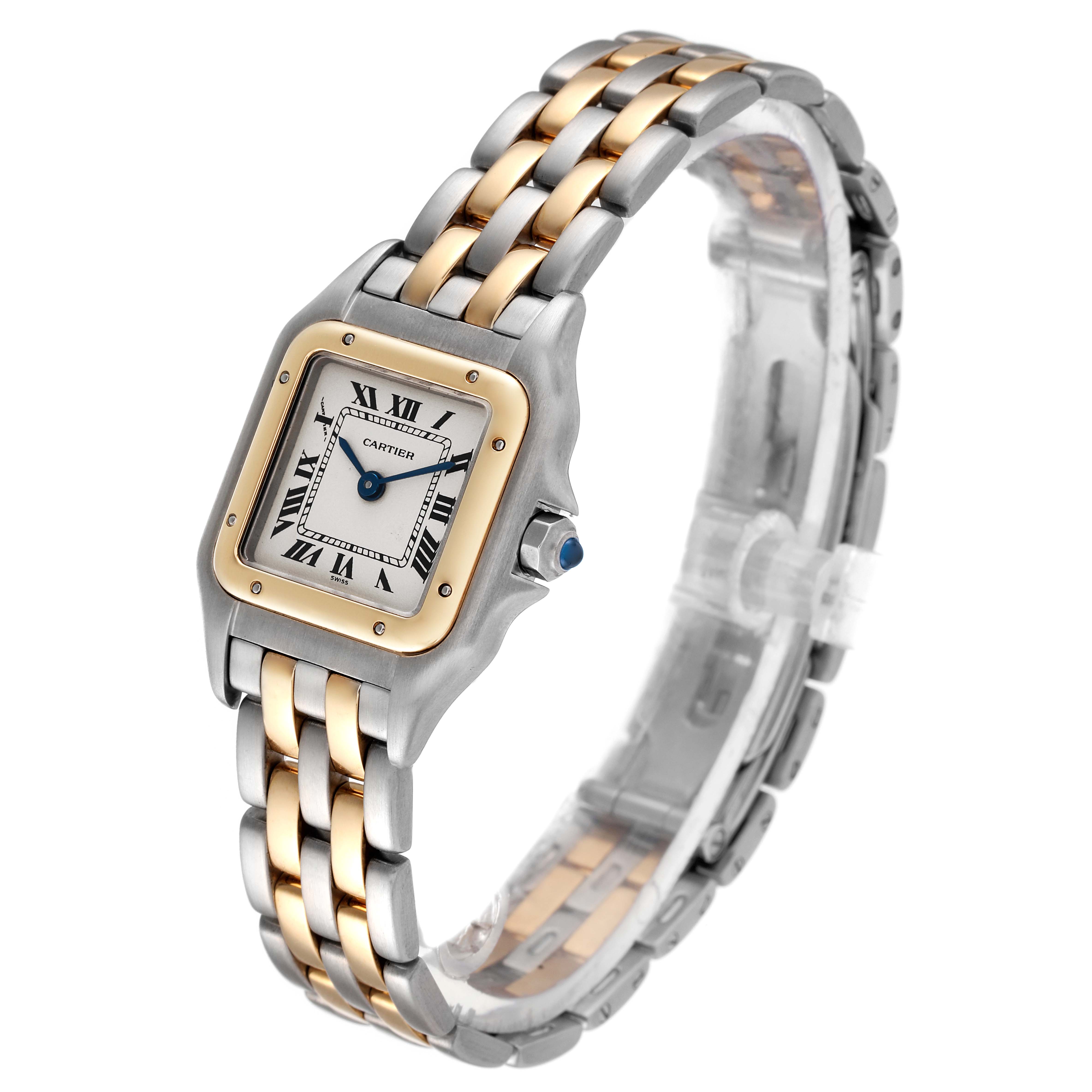 The image shows a Panthere by Cartier watch from an angled view, highlighting its two-tone band and square face.