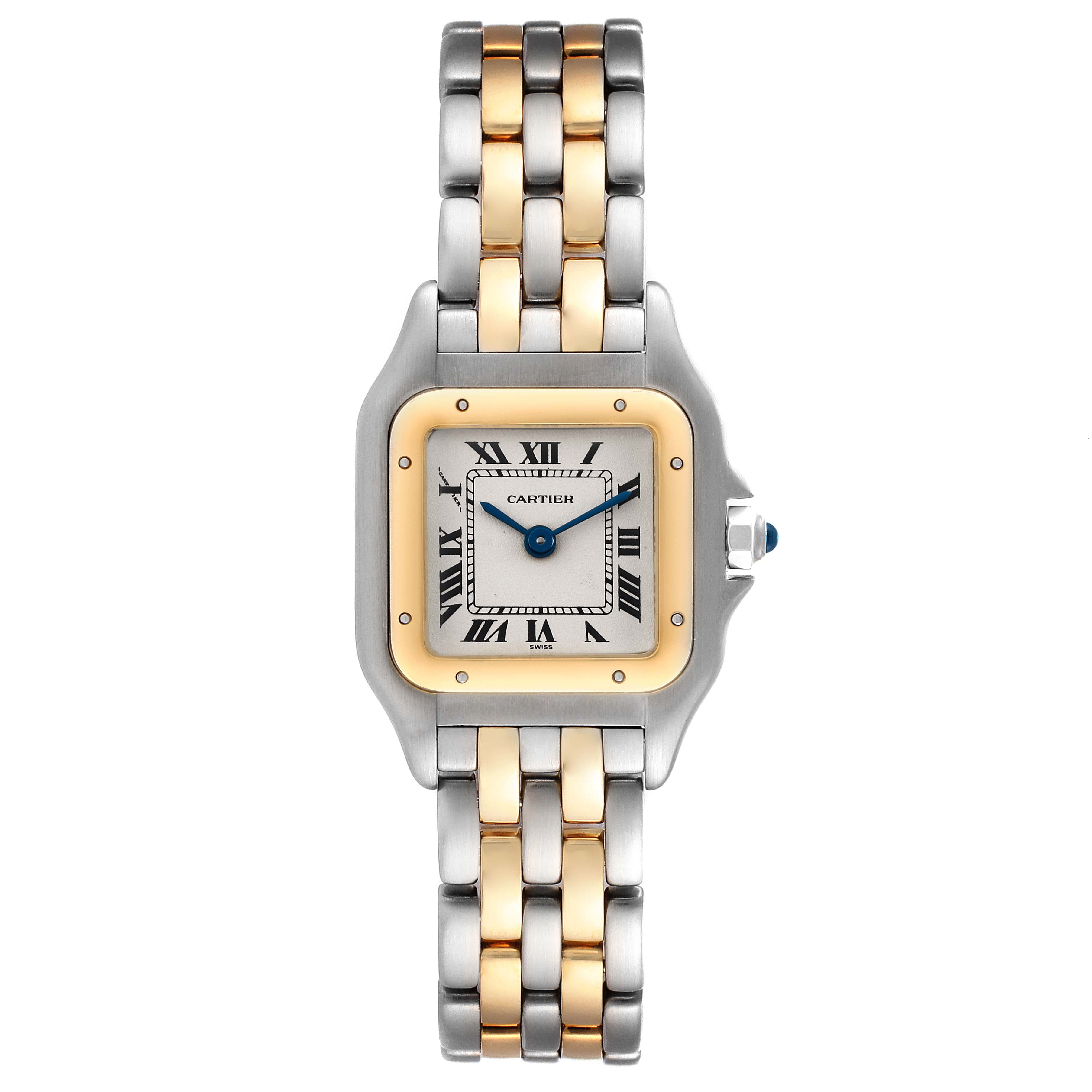 The image shows a front view of the Cartier Panthere W25029B6 Women's Steel and Gold (two tone) Silver Dial W25029B6 Women's Steel and Gold (two tone) Silver Dial watch displaying its square face and two-tone metal bracelet.