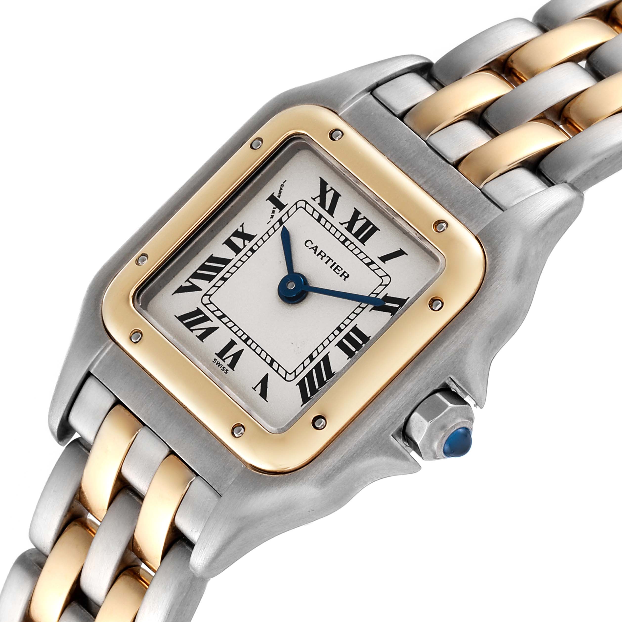 The image shows a close-up view of a Cartier Panthere W25029B6 Women's Steel and Gold (two tone) Silver Dial W25029B6 Women's Steel and Gold (two tone) Silver Dial watch face and part of the bracelet.