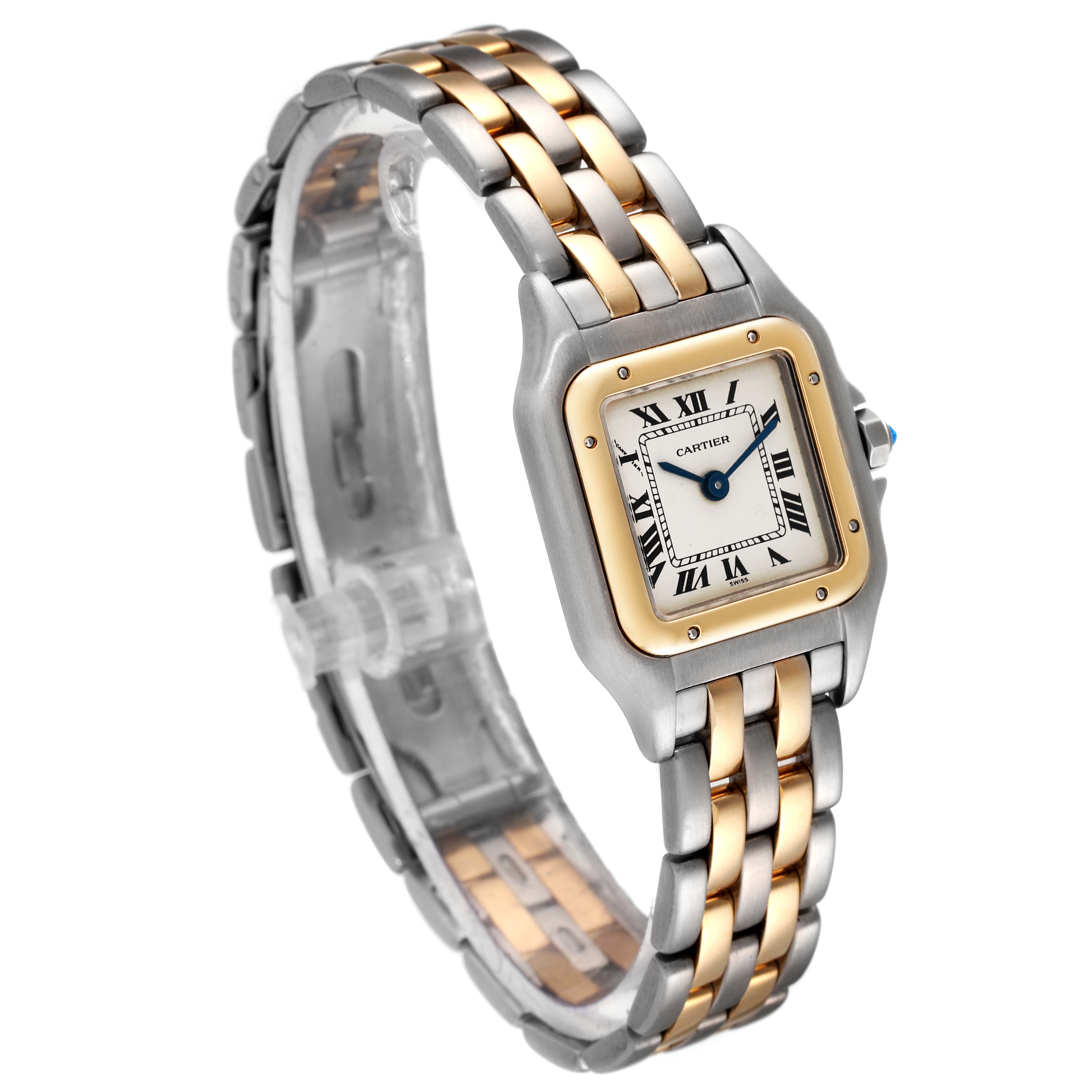The image shows a Cartier Panthere W25029B6 Women's Steel and Gold (two tone) Silver Dial W25029B6 Women's Steel and Gold (two tone) Silver Dial watch angled to display the face, bezel, crown, and two-tone metal bracelet.