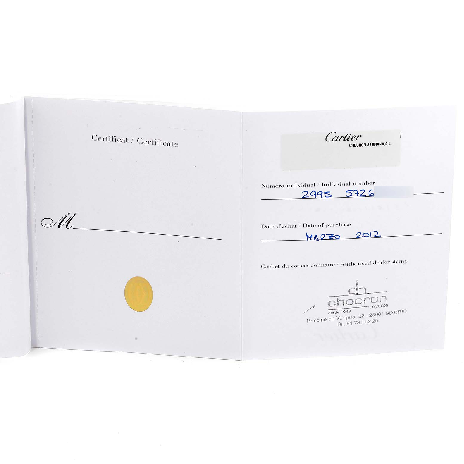 The image shows a warranty booklet for the Cartier Pasha W31089M7 Men
s Stainless Steel Silver Dial watch, displaying ownership details.