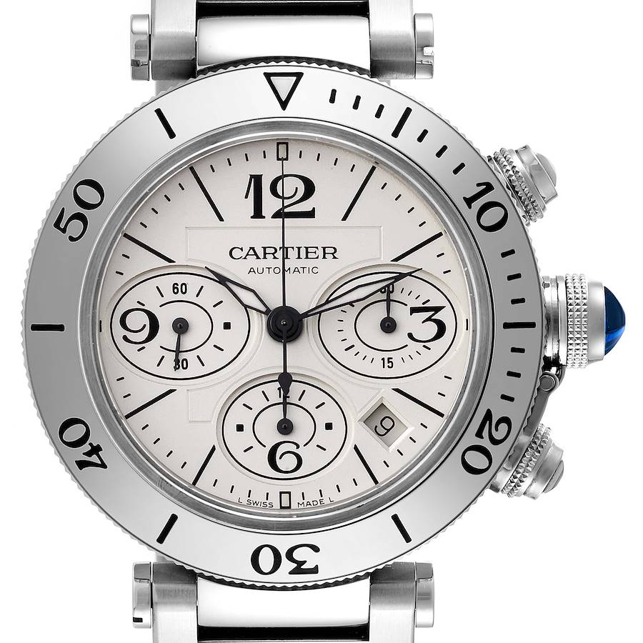 The Cartier Pasha W31089M7 Men's Stainless Steel Silver Dial watch is shown from a front angle, highlighting its dial, bezel, subdials, and sapphire cabochon crown.
