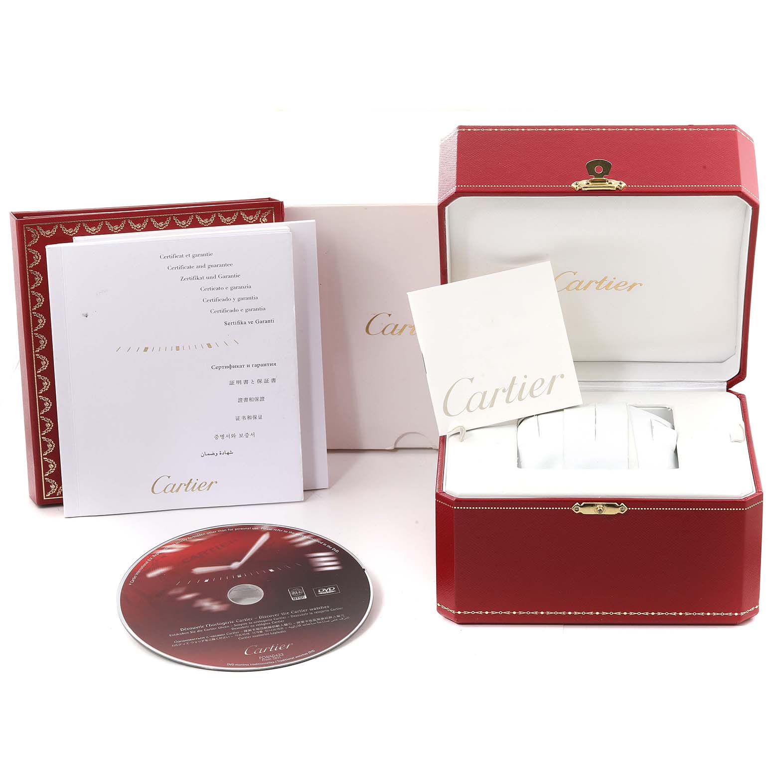The Pasha model by Cartier is shown with its opened box, manuals, certificate, and a DVD, all viewed from the front.