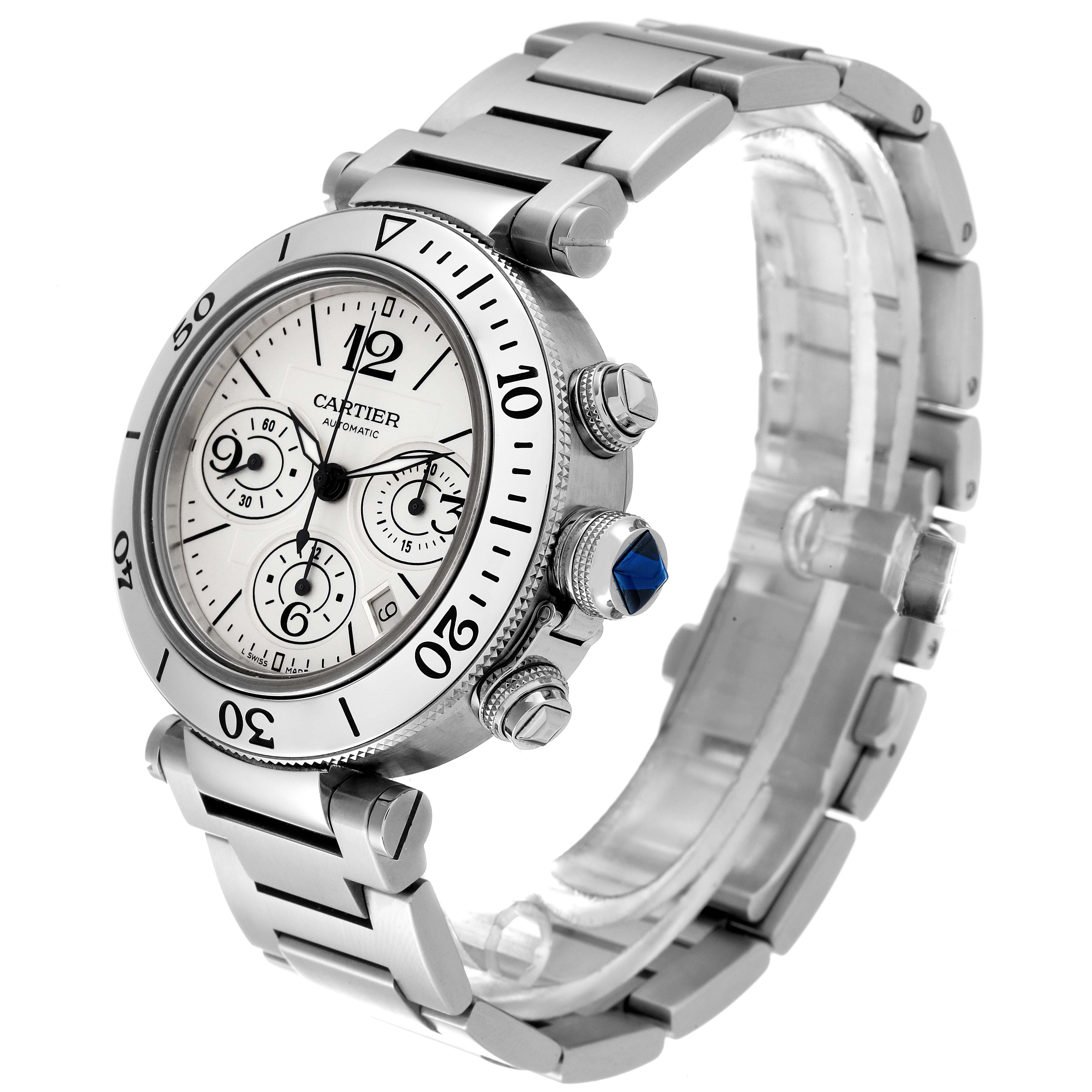 The Cartier Pasha W31089M7 Men
s Stainless Steel Silver Dial watch is shown at a three-quarter angle, highlighting the face, crown, and part of the bracelet.