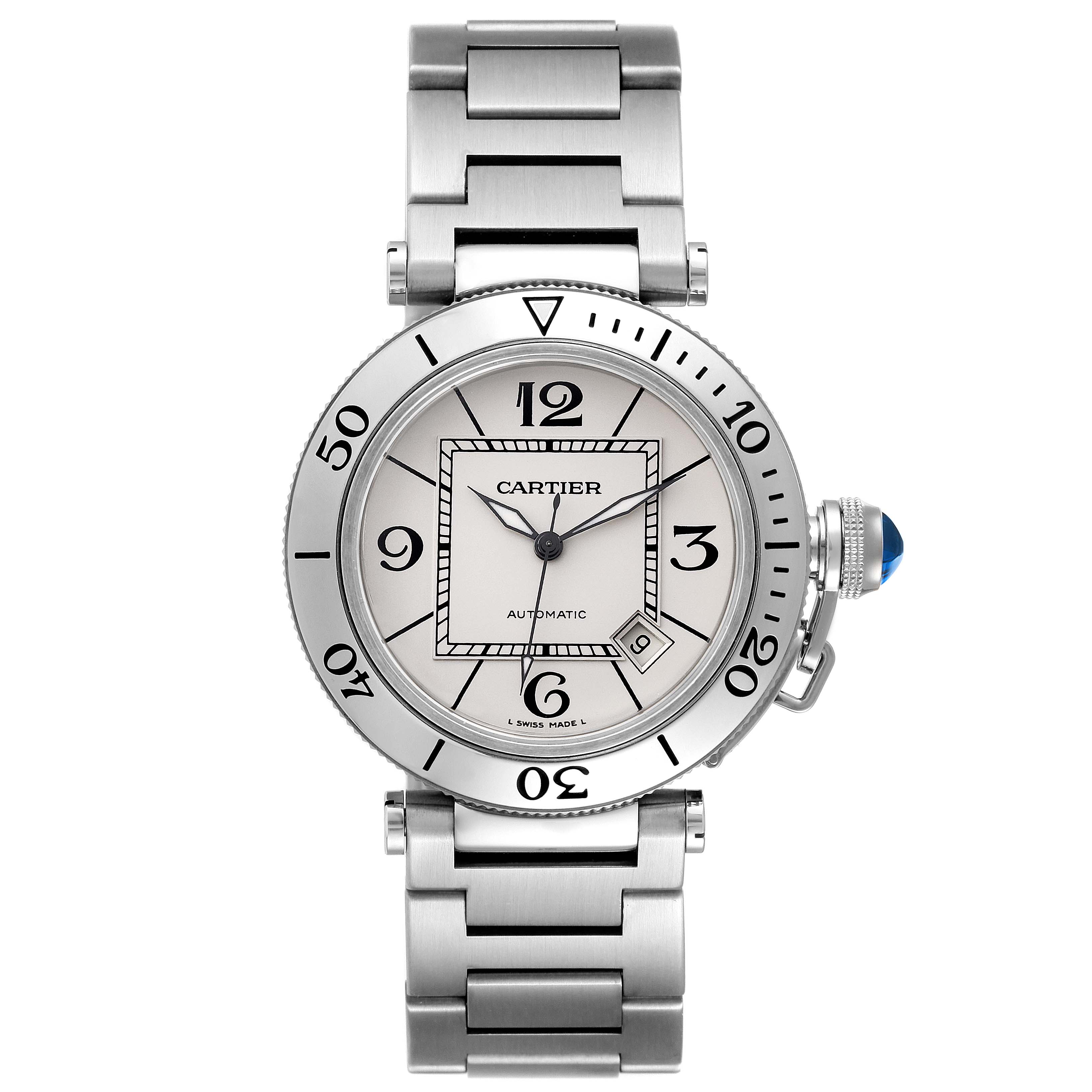 This image shows a frontal view of the Cartier Pasha W31080M7 Men's Stainless Steel Silver Dial W31080M7 Men's Stainless Steel Silver Dial wristwatch, highlighting its face, bezel, and metal bracelet.