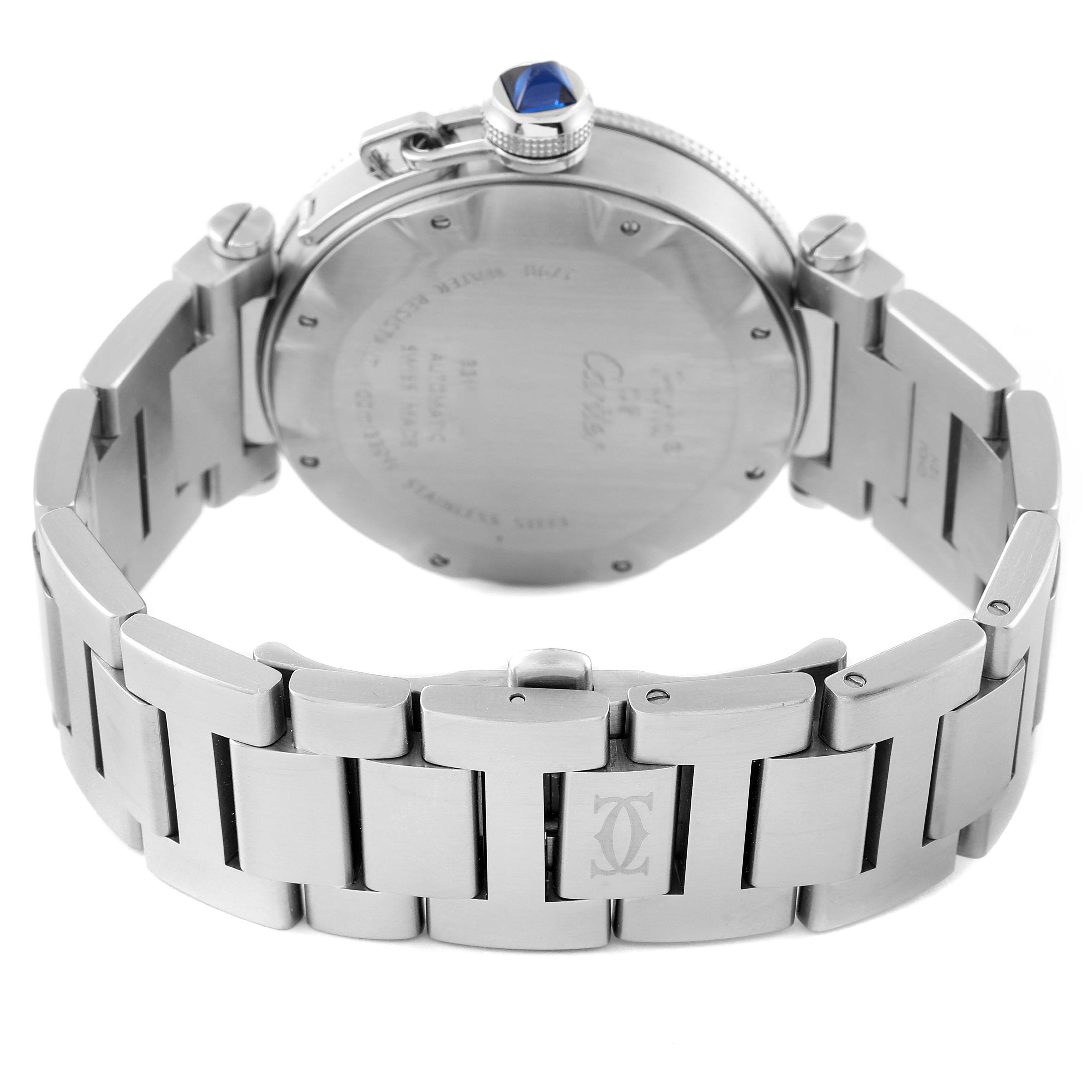 The image shows the back view of the Cartier Pasha W31080M7 Men's Stainless Steel Silver Dial W31080M7 Men's Stainless Steel Silver Dial watch, highlighting its case back, crown, and metal bracelet.
