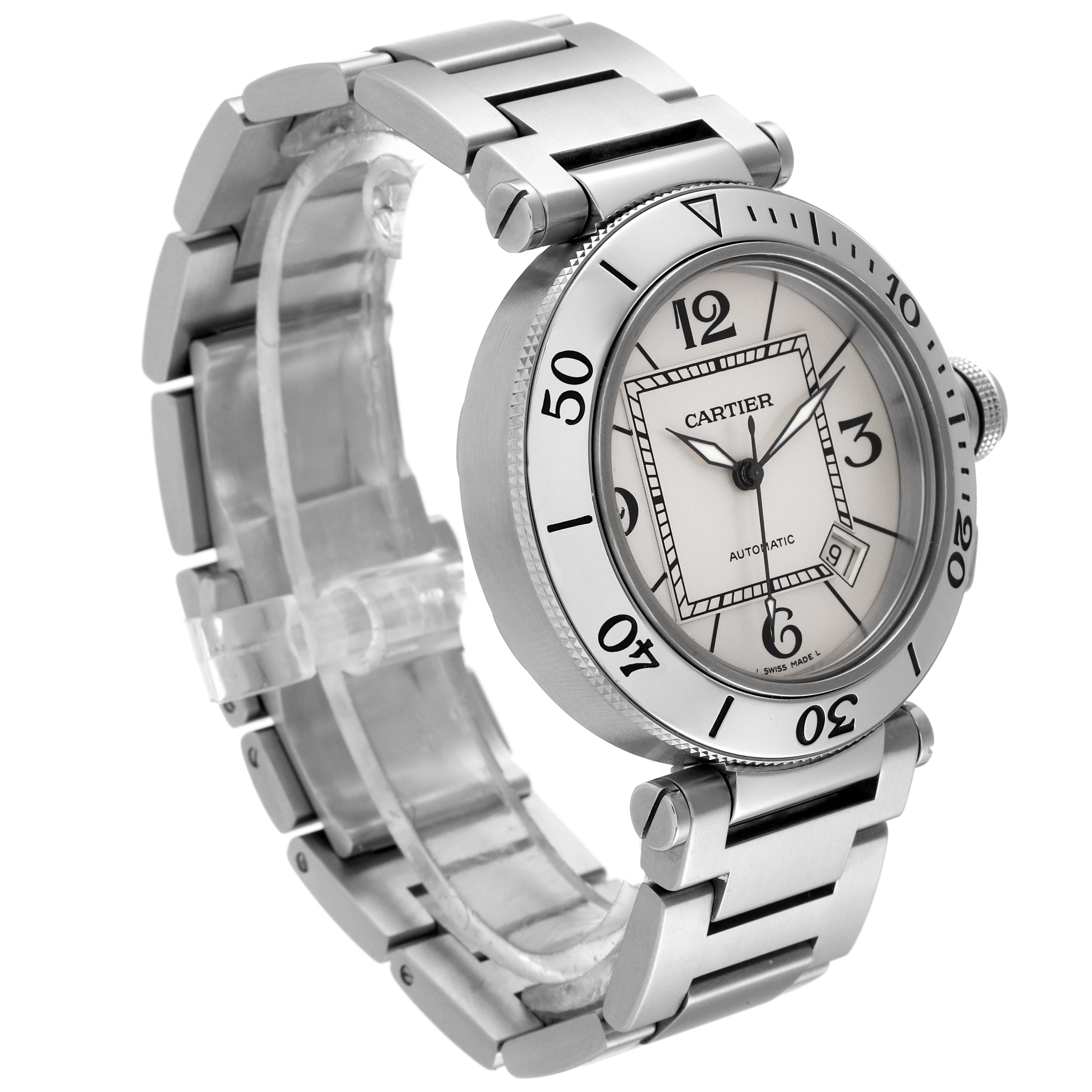 The image shows a side-angle view of a Cartier Pasha W31080M7 Men's Stainless Steel Silver Dial W31080M7 Men's Stainless Steel Silver Dial model watch, highlighting its case, bracelet, and dial.