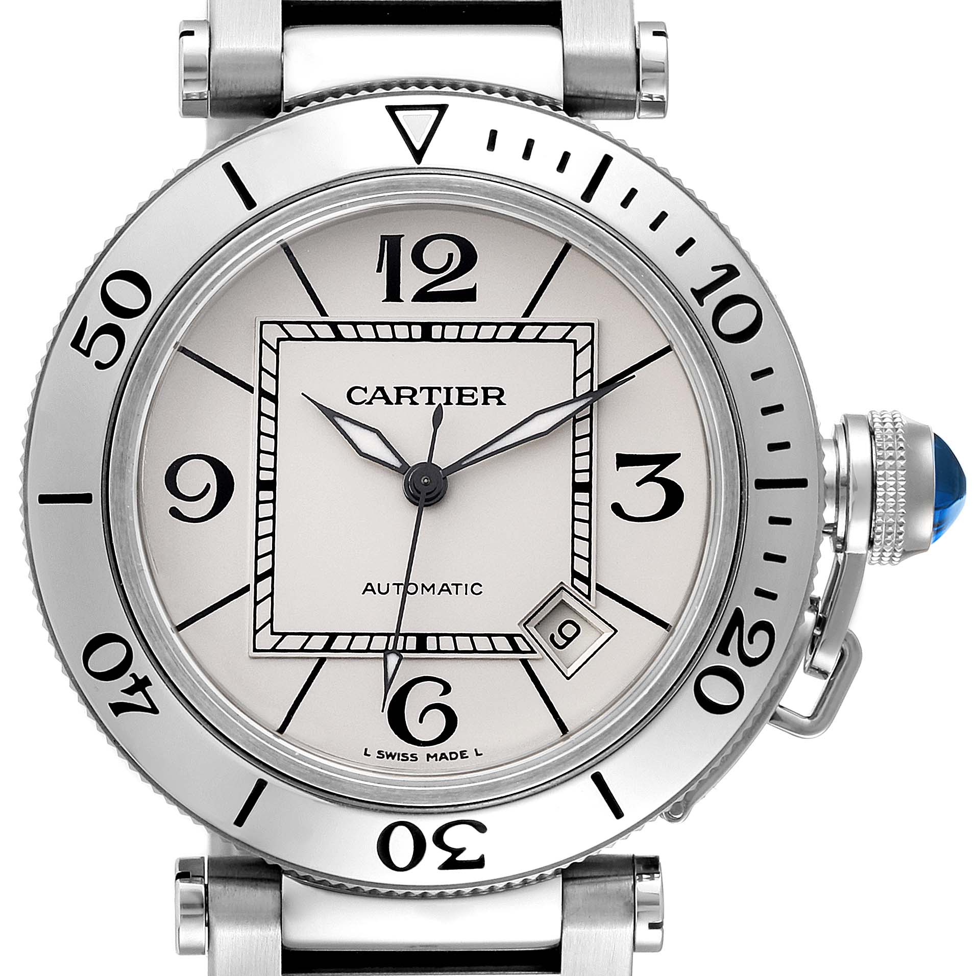 The image shows a front view of the Cartier Pasha W31080M7 Men's Stainless Steel Silver Dial W31080M7 Men's Stainless Steel Silver Dial watch, emphasizing its dial, bezel, and crown.