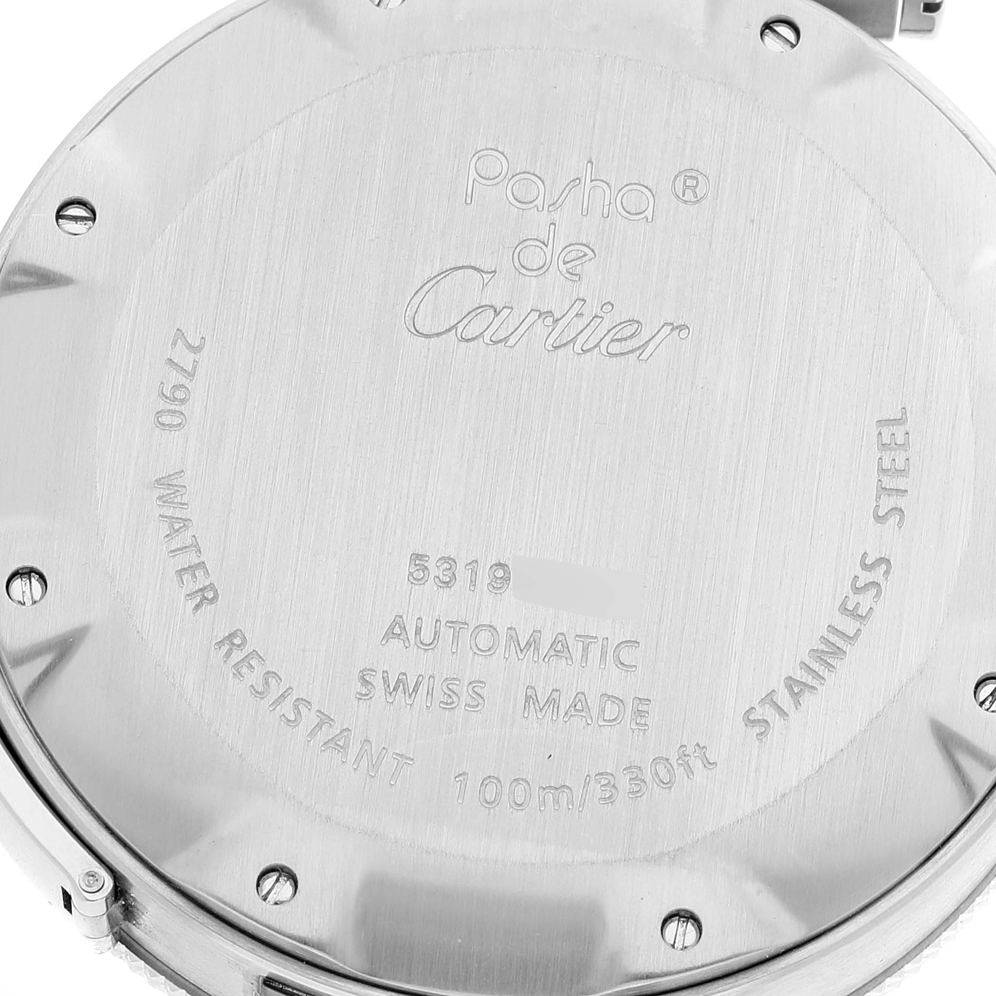 The image shows the case back of a Cartier Pasha W31080M7 Men's Stainless Steel Silver Dial W31080M7 Men's Stainless Steel Silver Dial watch, detailing specifications like water resistance and material.