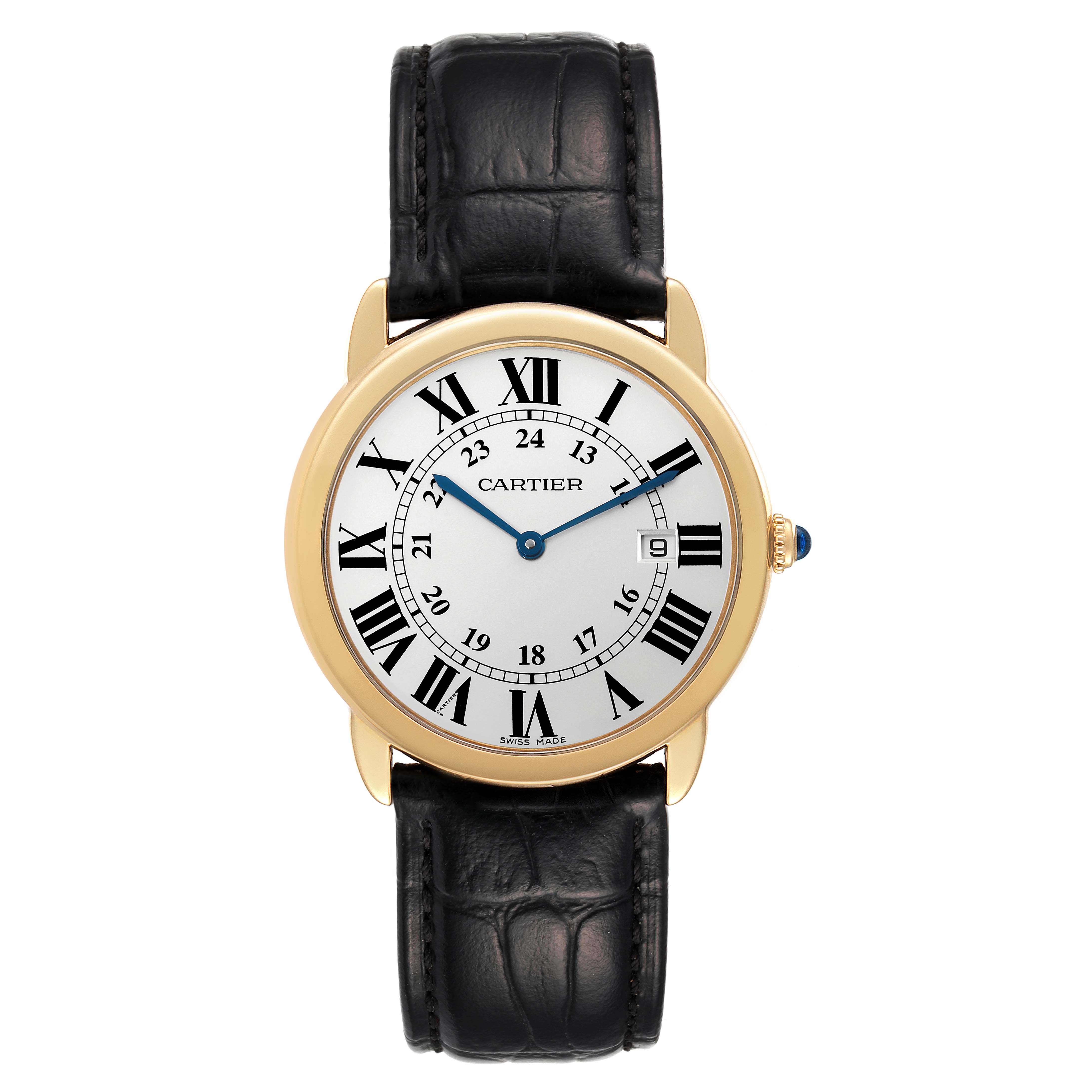 The image shows a front view of the Cartier Ronde W6700455 Men
s Yellow Gold Silver Dial W6700455 Men
s Yellow Gold Silver Dial model watch with a black leather strap and gold case.