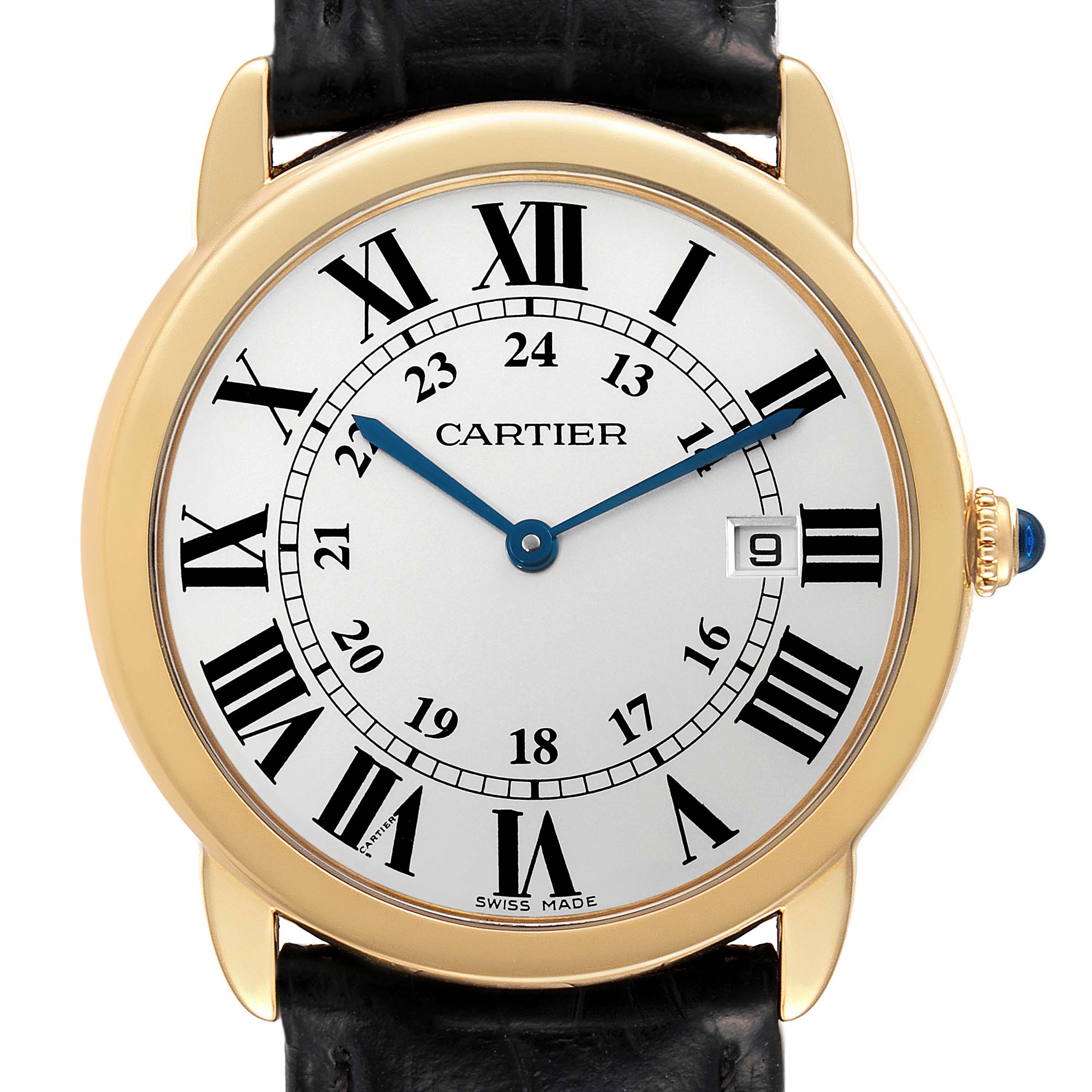 The image shows a frontal view of the Cartier Ronde W6700455 Men
s Yellow Gold Silver Dial W6700455 Men
s Yellow Gold Silver Dial watch, featuring a white dial, Roman numerals, blue hands, and a date window.