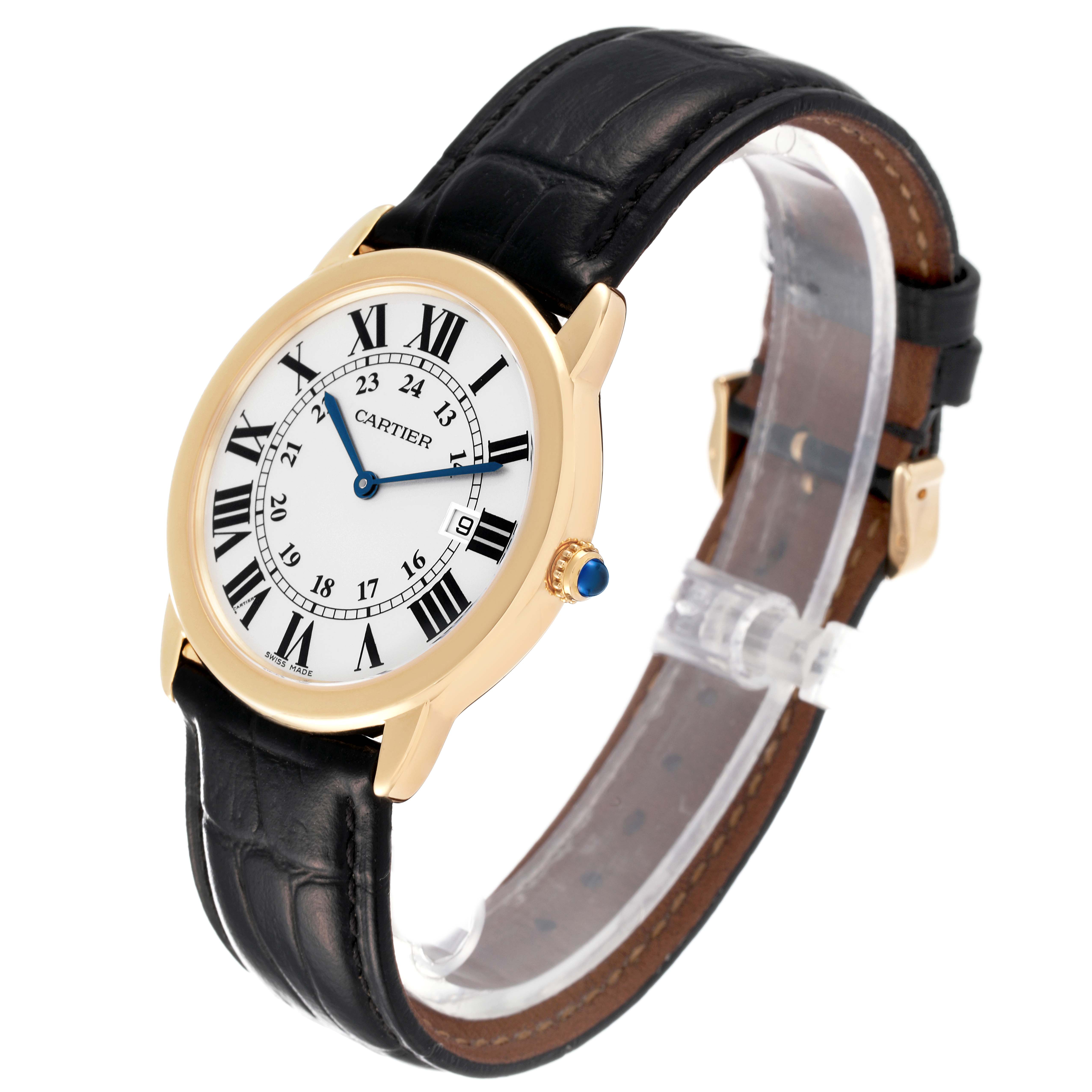 The Cartier Ronde W6700455 Men
s Yellow Gold Silver Dial W6700455 Men
s Yellow Gold Silver Dial watch is shown at an angle displaying the face, crown, and leather strap.
