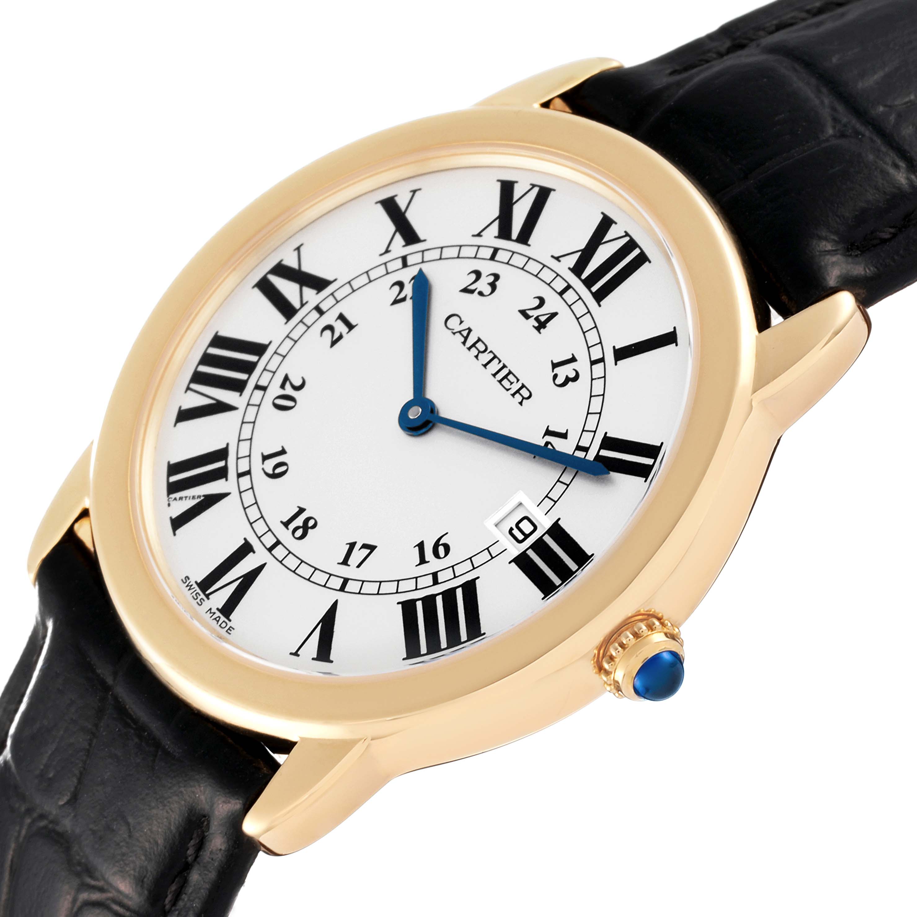 The Cartier Ronde W6700455 Men
s Yellow Gold Silver Dial W6700455 Men
s Yellow Gold Silver Dial watch is shown at an oblique angle, highlighting its dial, gold case, black leather strap, and cabochon crown.