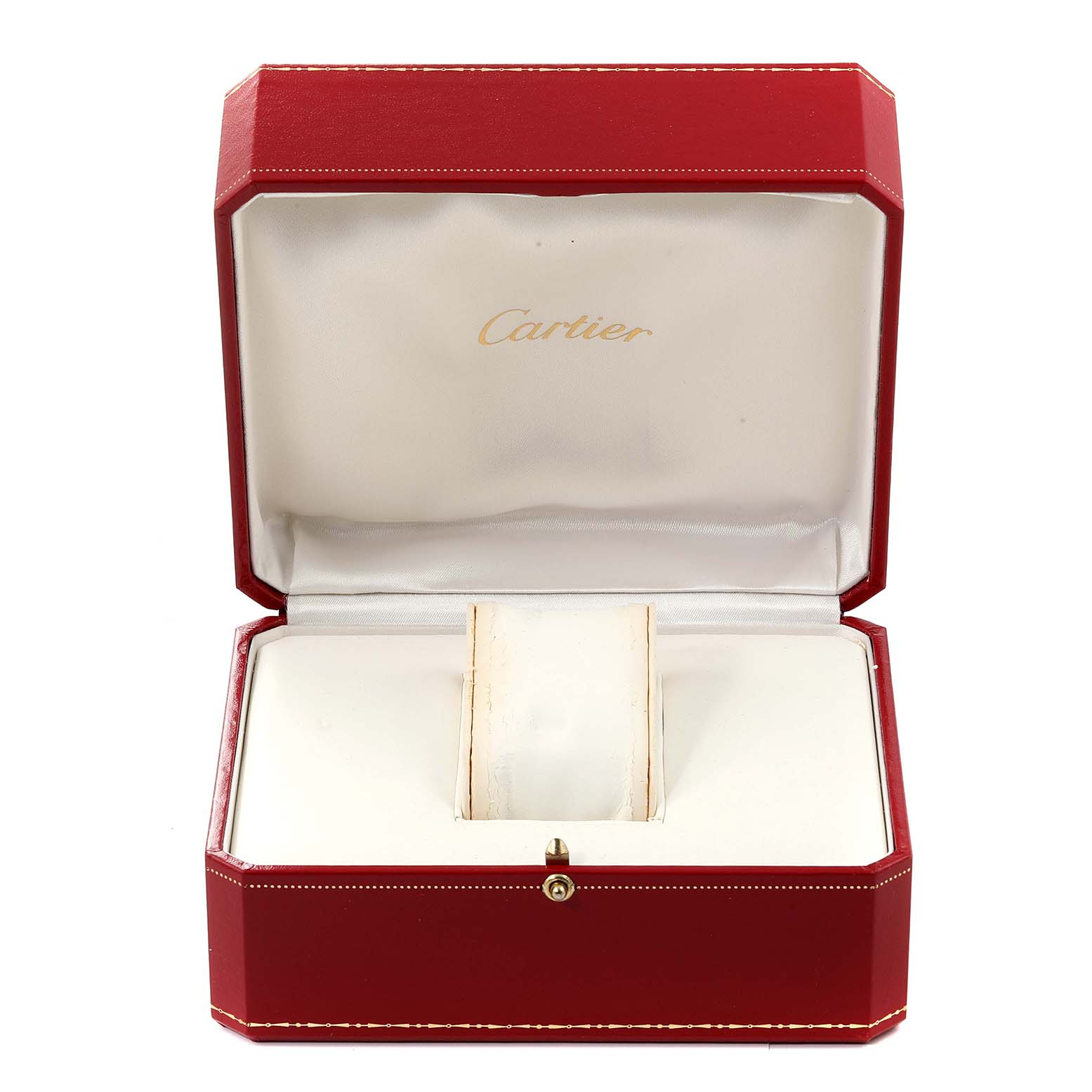 The image shows an open red Cartier box for the Ronde model watch, with interior padding and the Cartier logo inside.