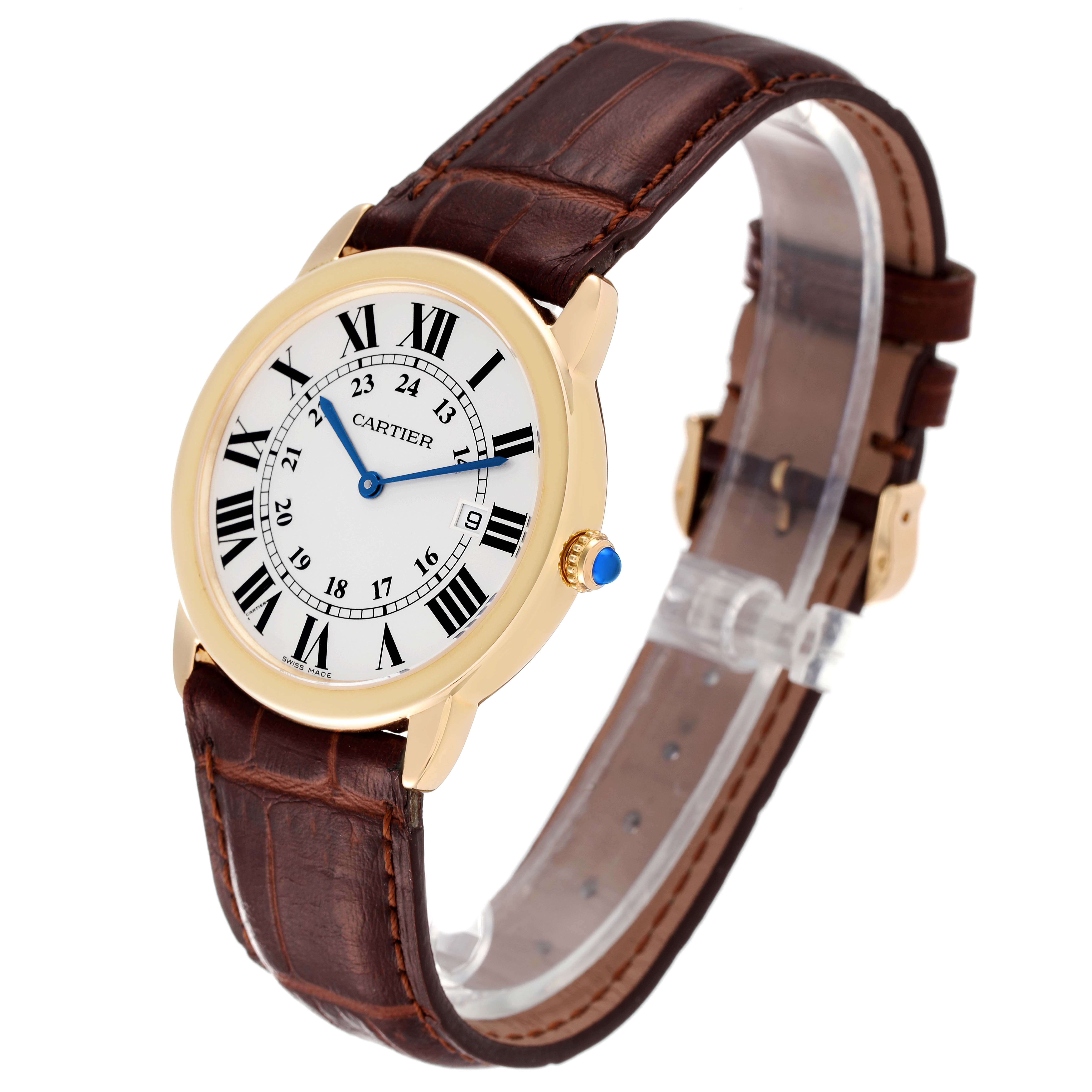 The image shows a Cartier Ronde W6700455 Men
s Yellow Gold Silver Dial W6700455 Men
s Yellow Gold Silver Dial watch at a three-quarter angle, displaying its face, gold case, brown leather strap, and crown.