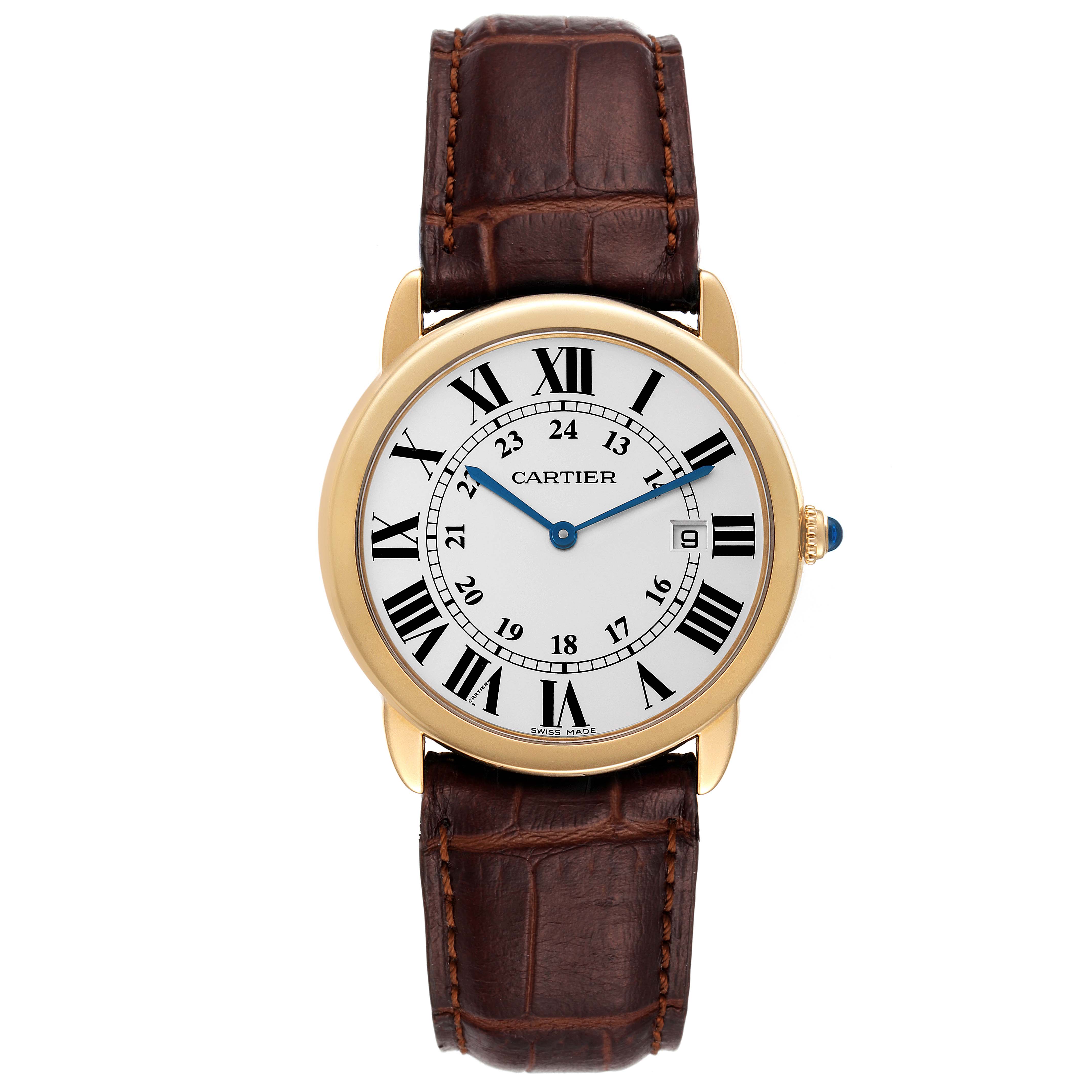 The image shows a Cartier Ronde W6700455 Men
s Yellow Gold Silver Dial W6700455 Men
s Yellow Gold Silver Dial watch, taken from a front angle, detailing the dial, hands, leather strap, and part of the crown.