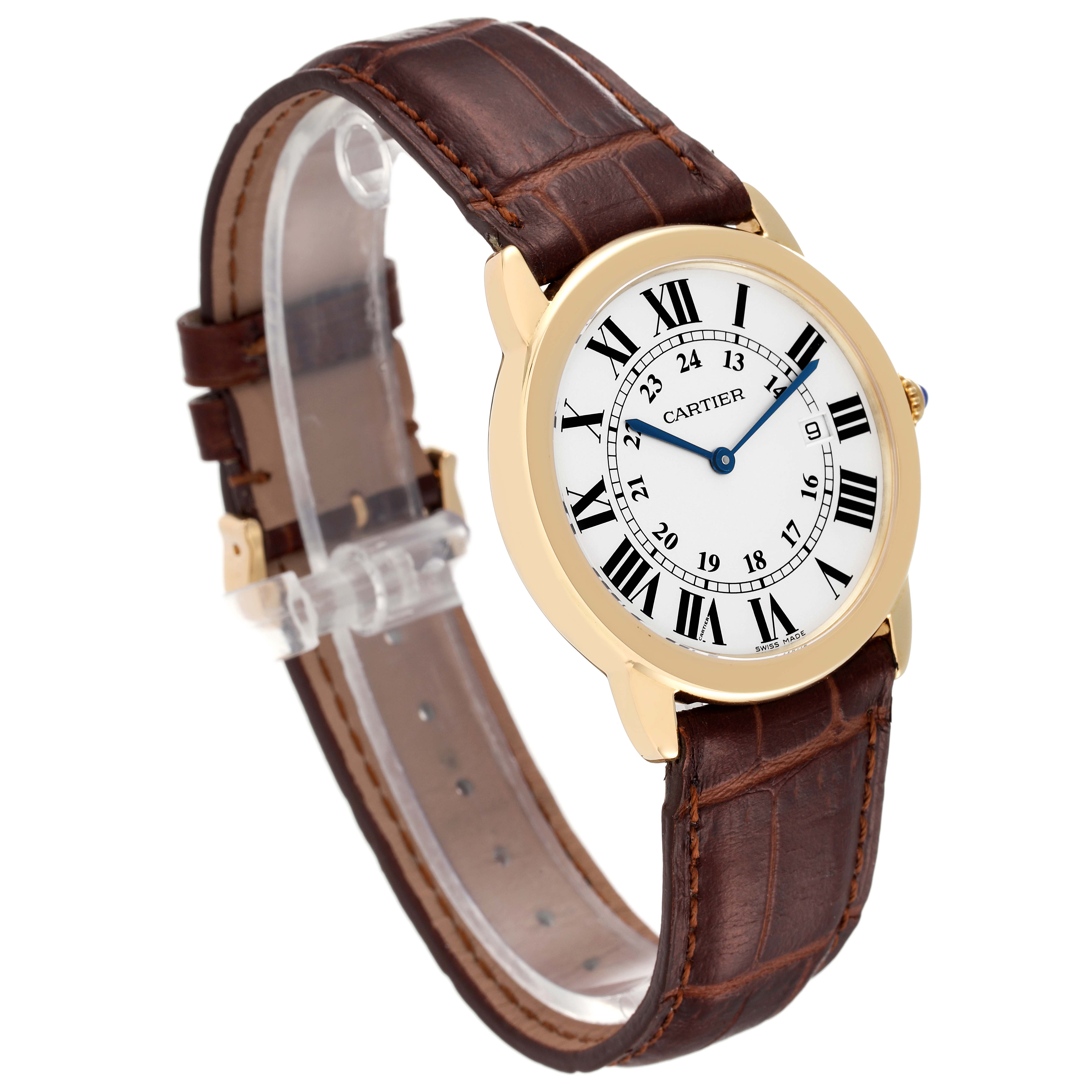 The image shows a Cartier Ronde W6700455 Men
s Yellow Gold Silver Dial W6700455 Men
s Yellow Gold Silver Dial watch at a three-quarter angle, highlighting its dial, bezel, and brown leather strap.