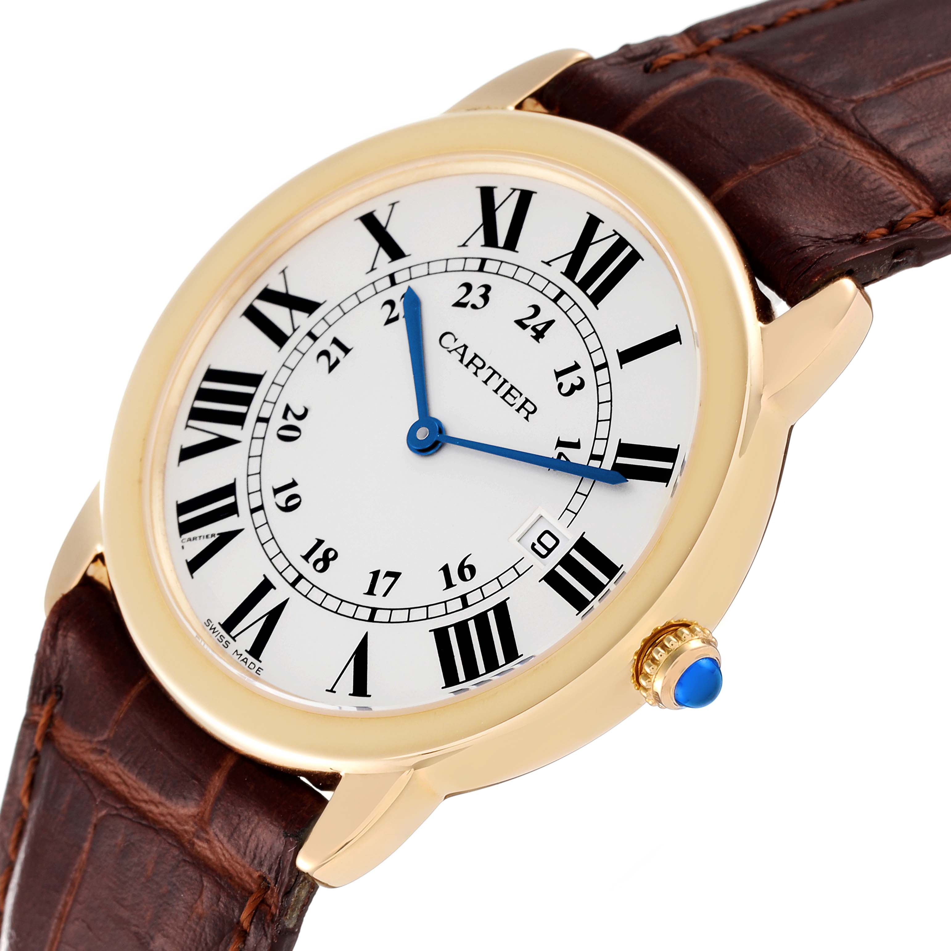 The image shows a Cartier Ronde W6700455 Men
s Yellow Gold Silver Dial W6700455 Men
s Yellow Gold Silver Dial watch at an angled view, highlighting its dial, Roman numerals, hands, and leather strap.