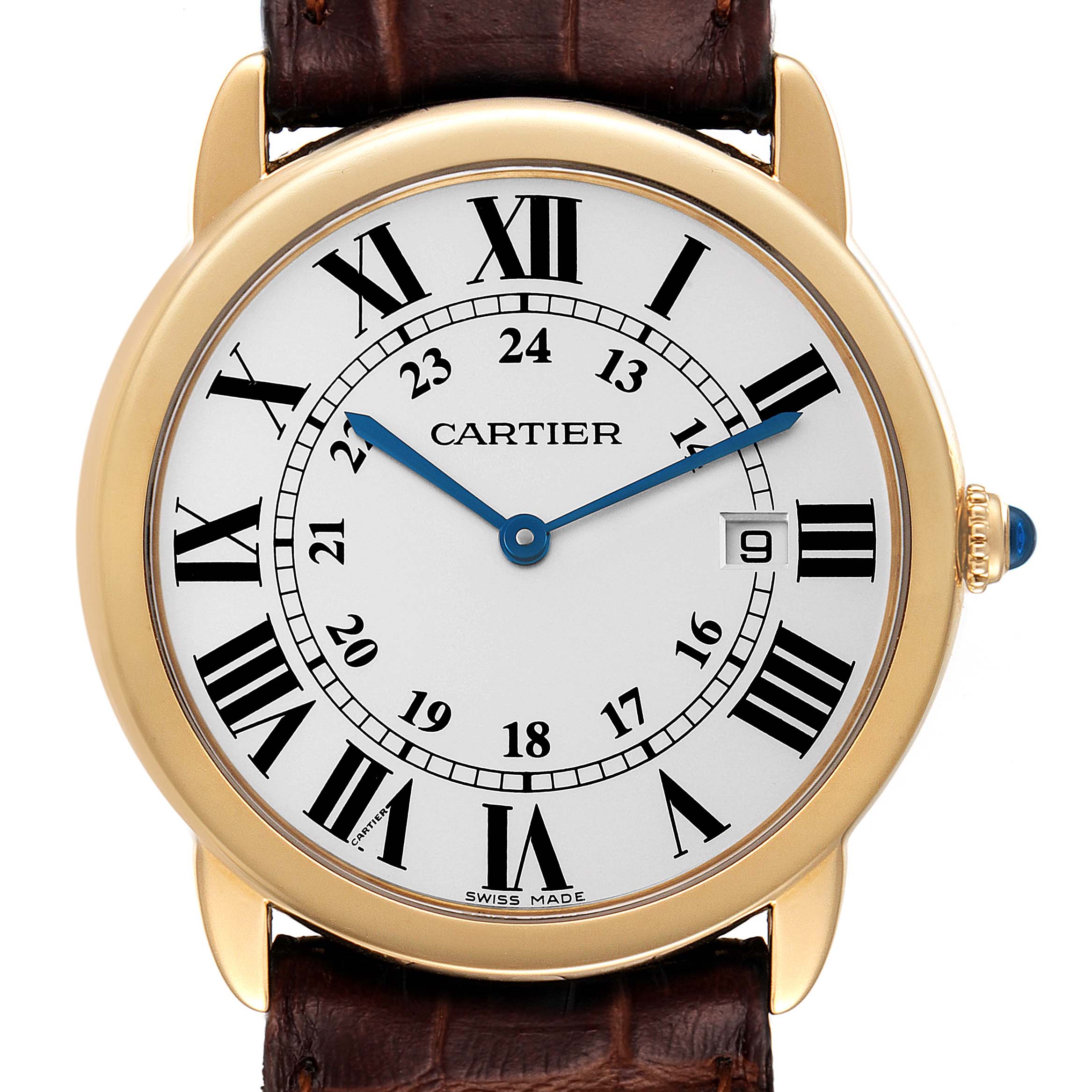 The image shows a front view of a Cartier Ronde W6700455 Men
s Yellow Gold Silver Dial W6700455 Men
s Yellow Gold Silver Dial watch, displaying its dial, hands, and part of the leather strap.
