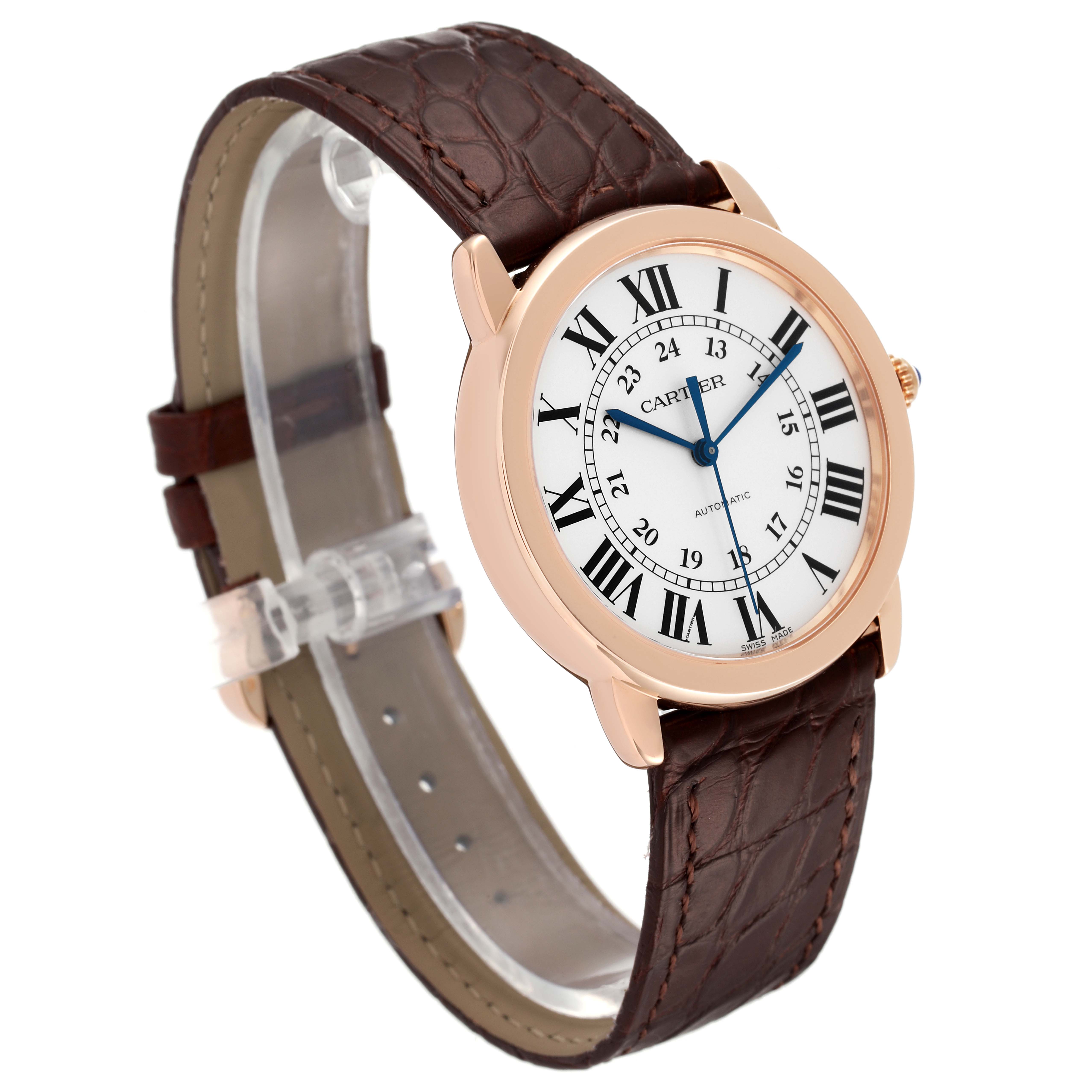 The image shows a side view of the Cartier Ronde W2RN0008 Men
s Rose Gold Silver Dial W2RN0008 Men
s Rose Gold Silver Dial watch, highlighting the dial, case, and leather strap.