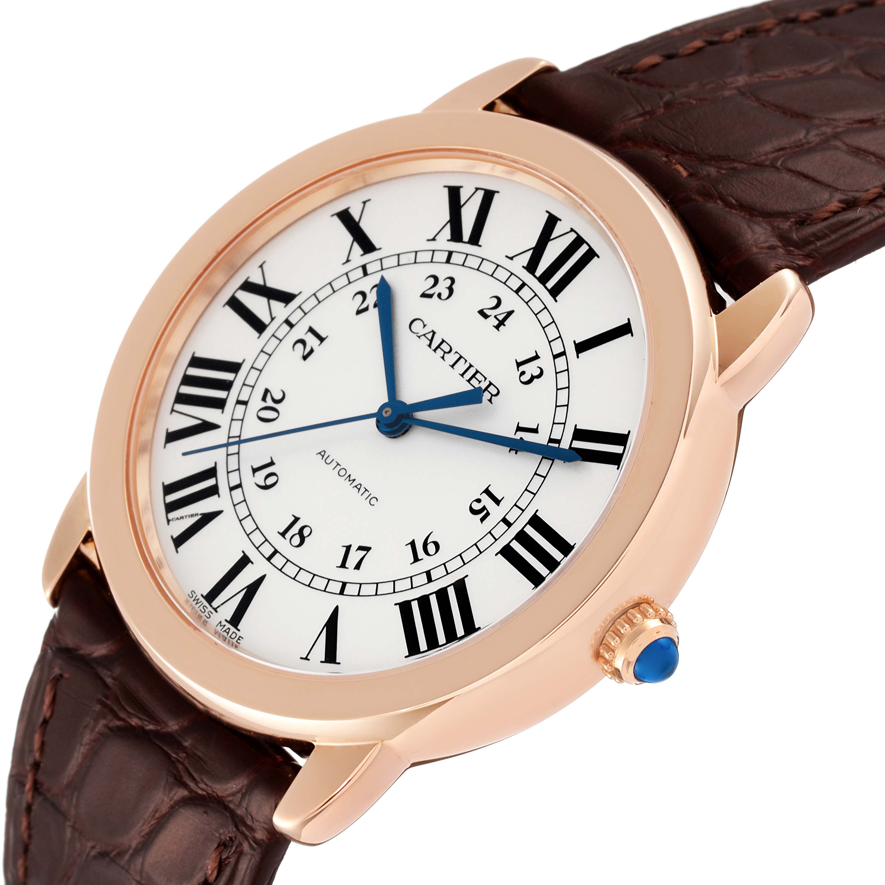 This image shows a Cartier Ronde W2RN0008 Men
s Rose Gold Silver Dial W2RN0008 Men
s Rose Gold Silver Dial model watch from an angled top view, highlighting the dial, Roman numerals, and leather strap.