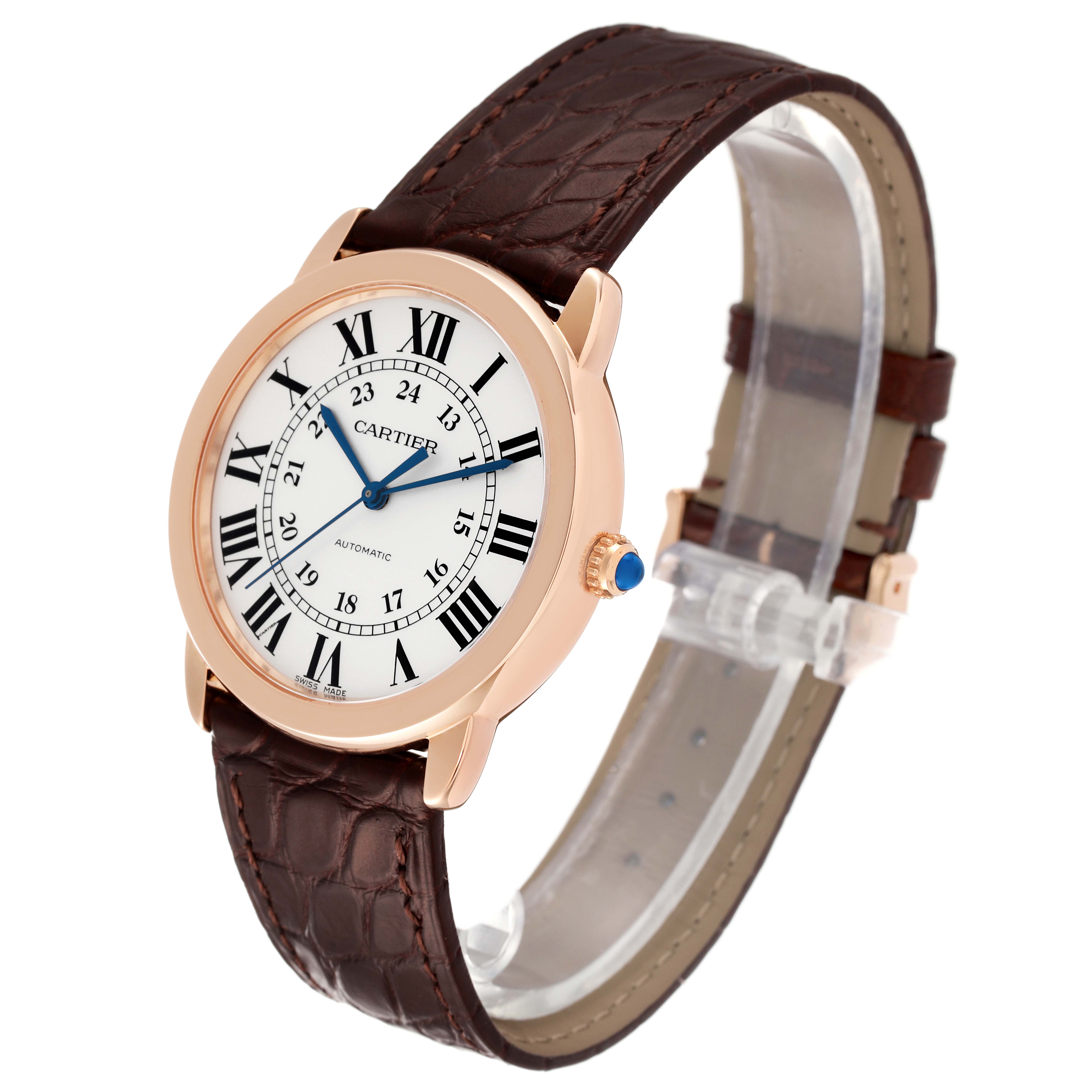 The image shows a Cartier Ronde W2RN0008 Men
s Rose Gold Silver Dial W2RN0008 Men
s Rose Gold Silver Dial watch at a three-quarter angle, displaying the face, strap, and crown.