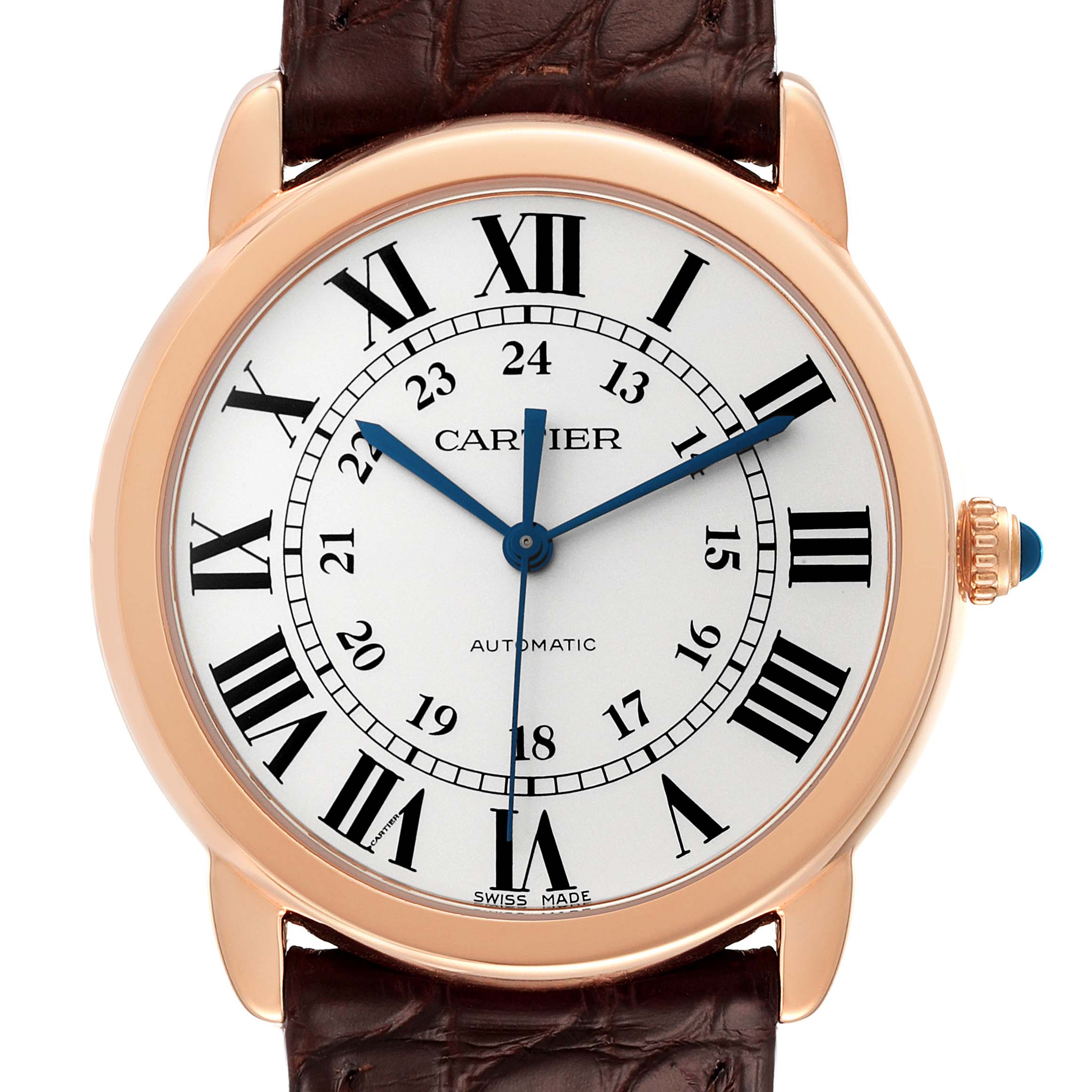 A frontal view of the Ronde model by Cartier, showing the dial, hour markers, hands, case, and part of the strap.