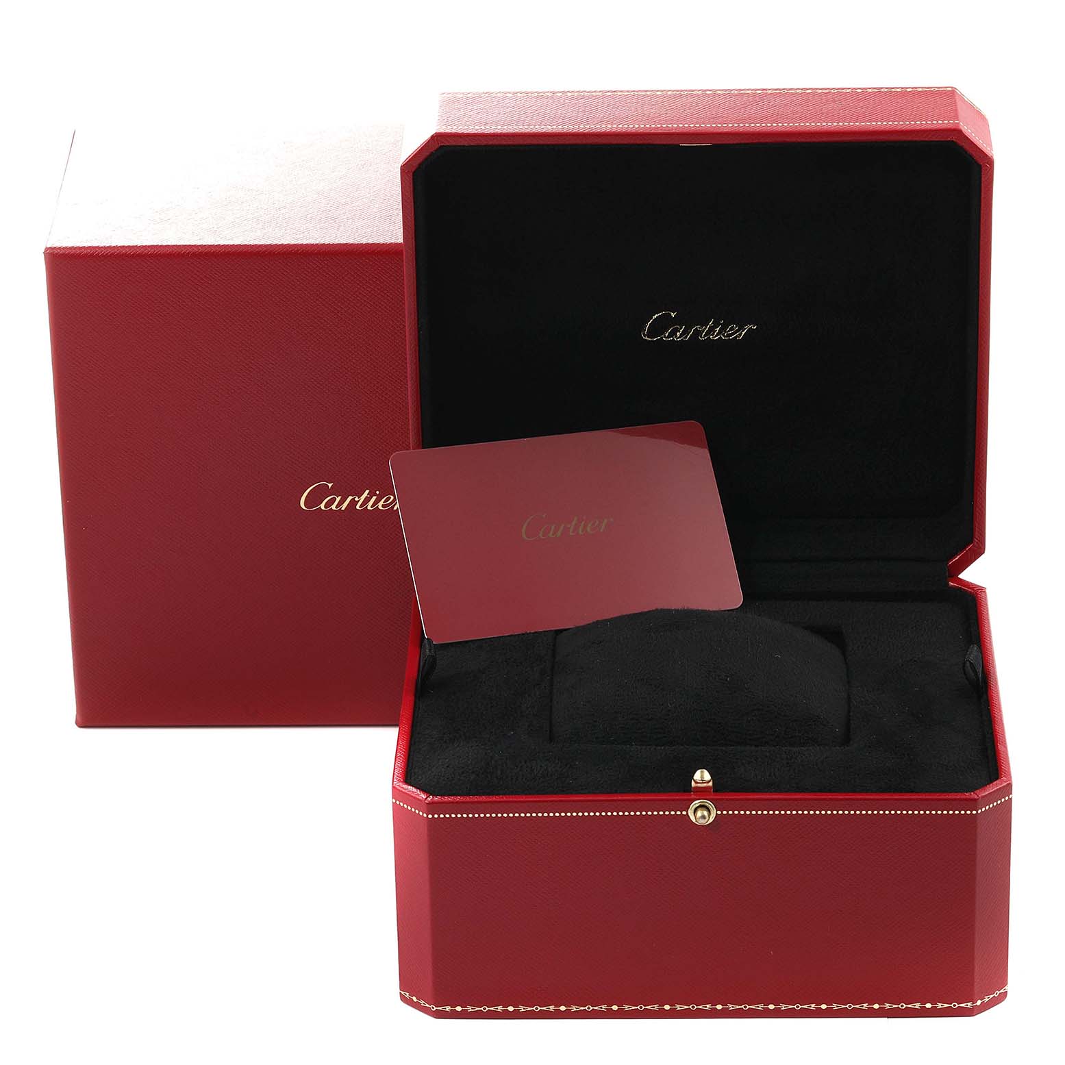 The image shows a red Cartier watch box for the Ronde model, open with its contents displayed.