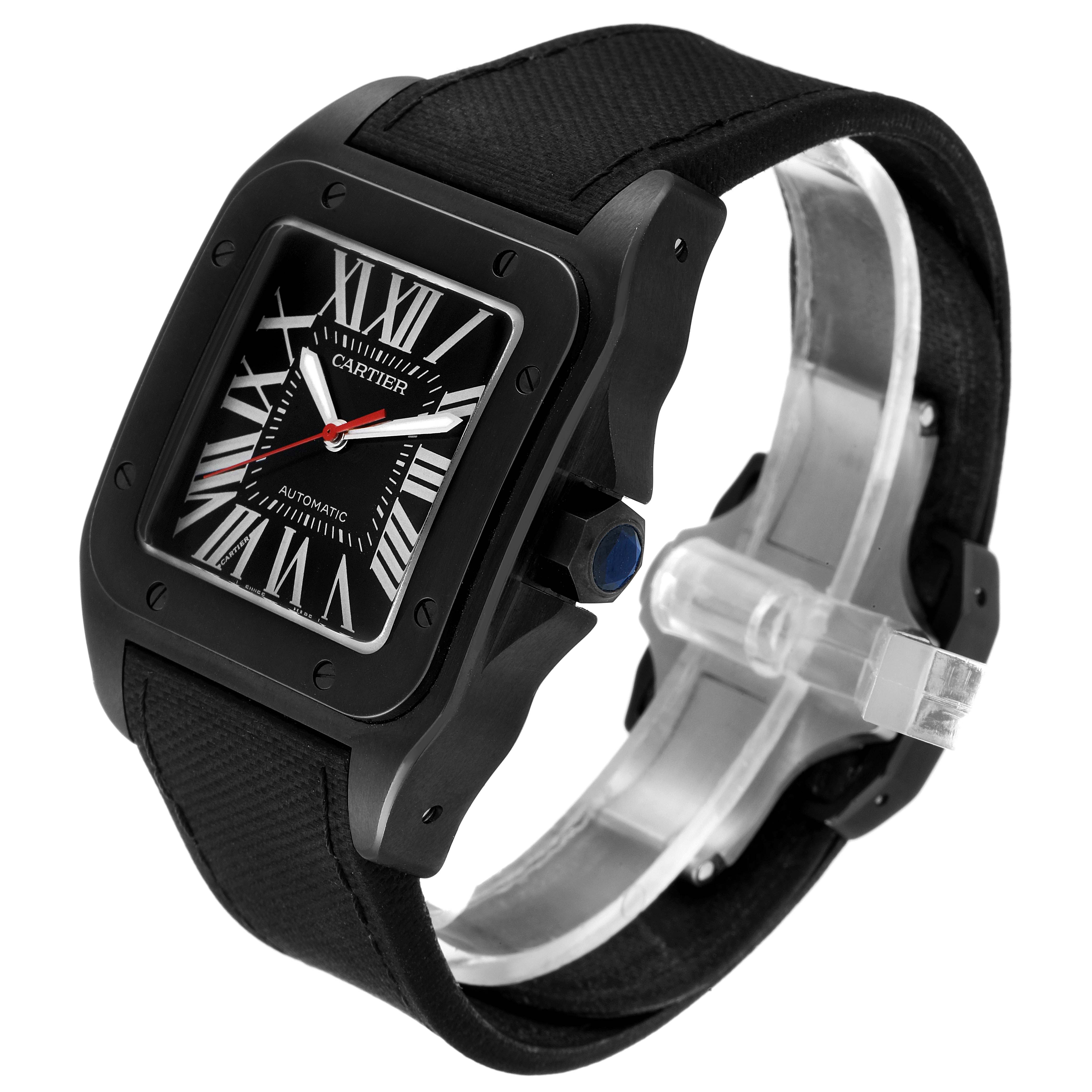 The Santos model by Cartier is shown here at an angle, highlighting the face, bezel, crown, and strap.