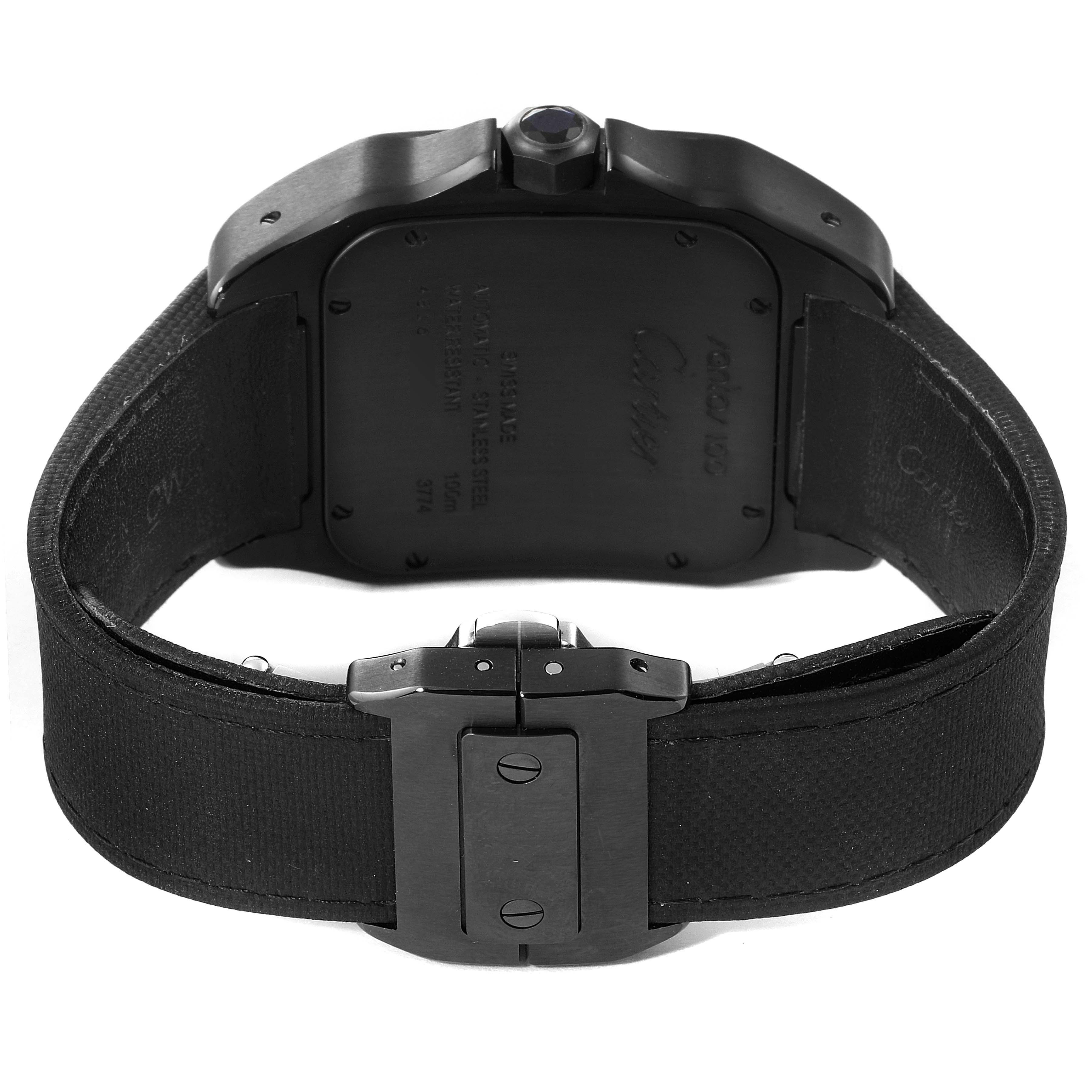 The image shows the backside and clasp of the Cartier Santos WSSA0006 Men's Stainless Steel Black Dial WSSA0006 Men's Stainless Steel Black Dial watch with a black strap.