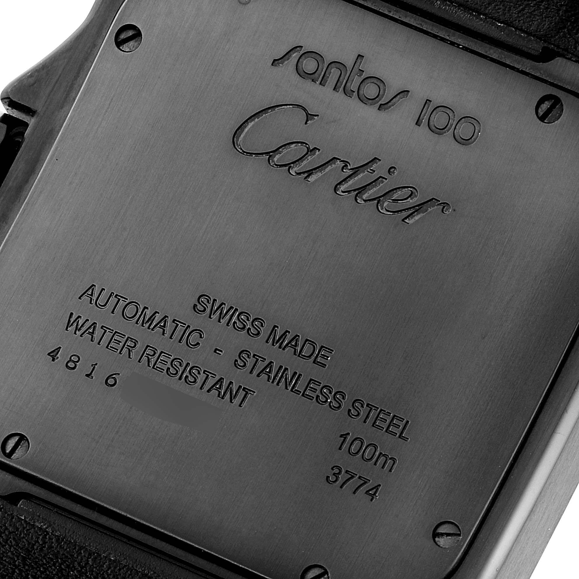This image shows the back case of a Santos 100 watch by Cartier, highlighting its features and specifications.