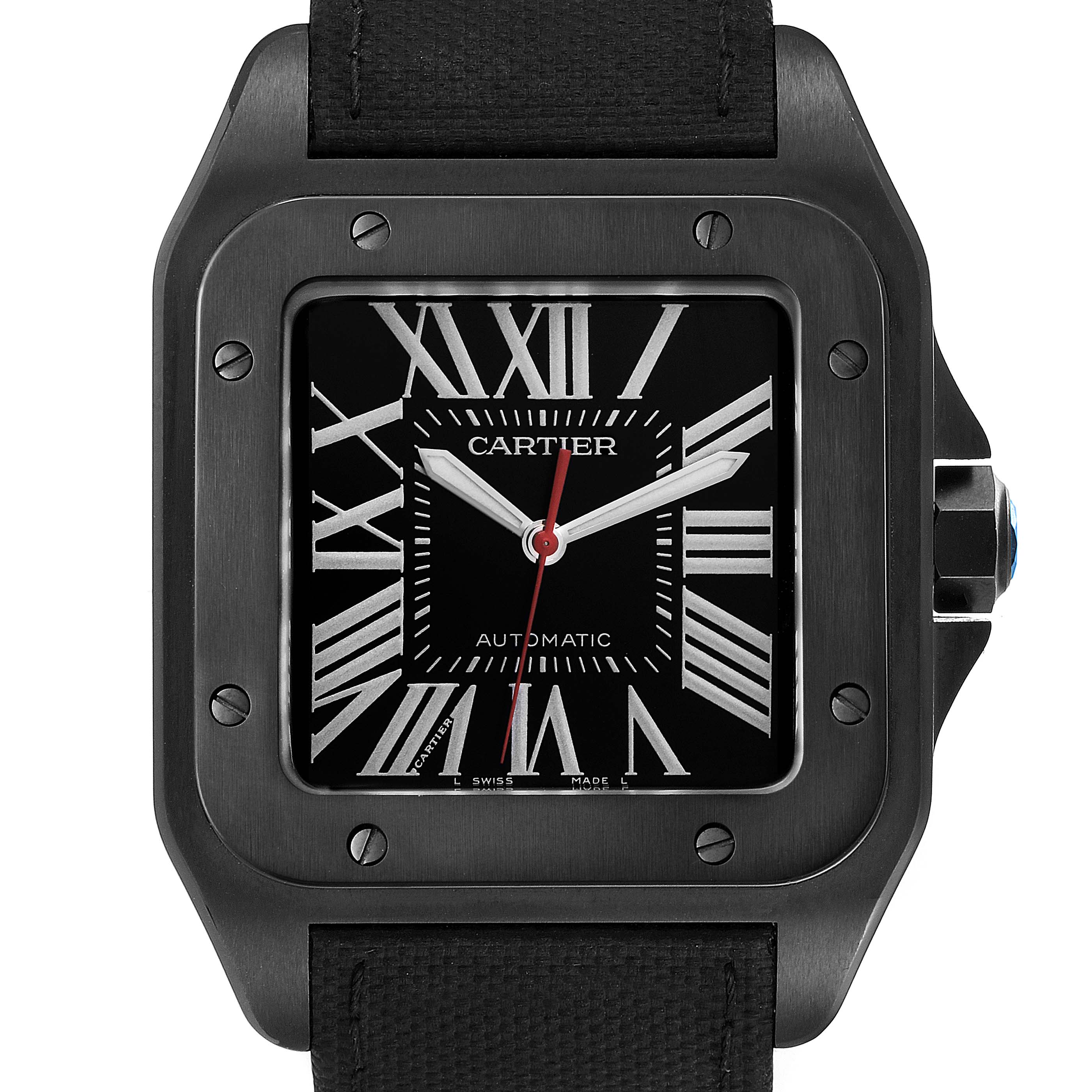The image shows a close-up, front view of a Cartier Santos WSSA0006 Men's Stainless Steel Black Dial WSSA0006 Men's Stainless Steel Black Dial watch, highlighting its face and strap.