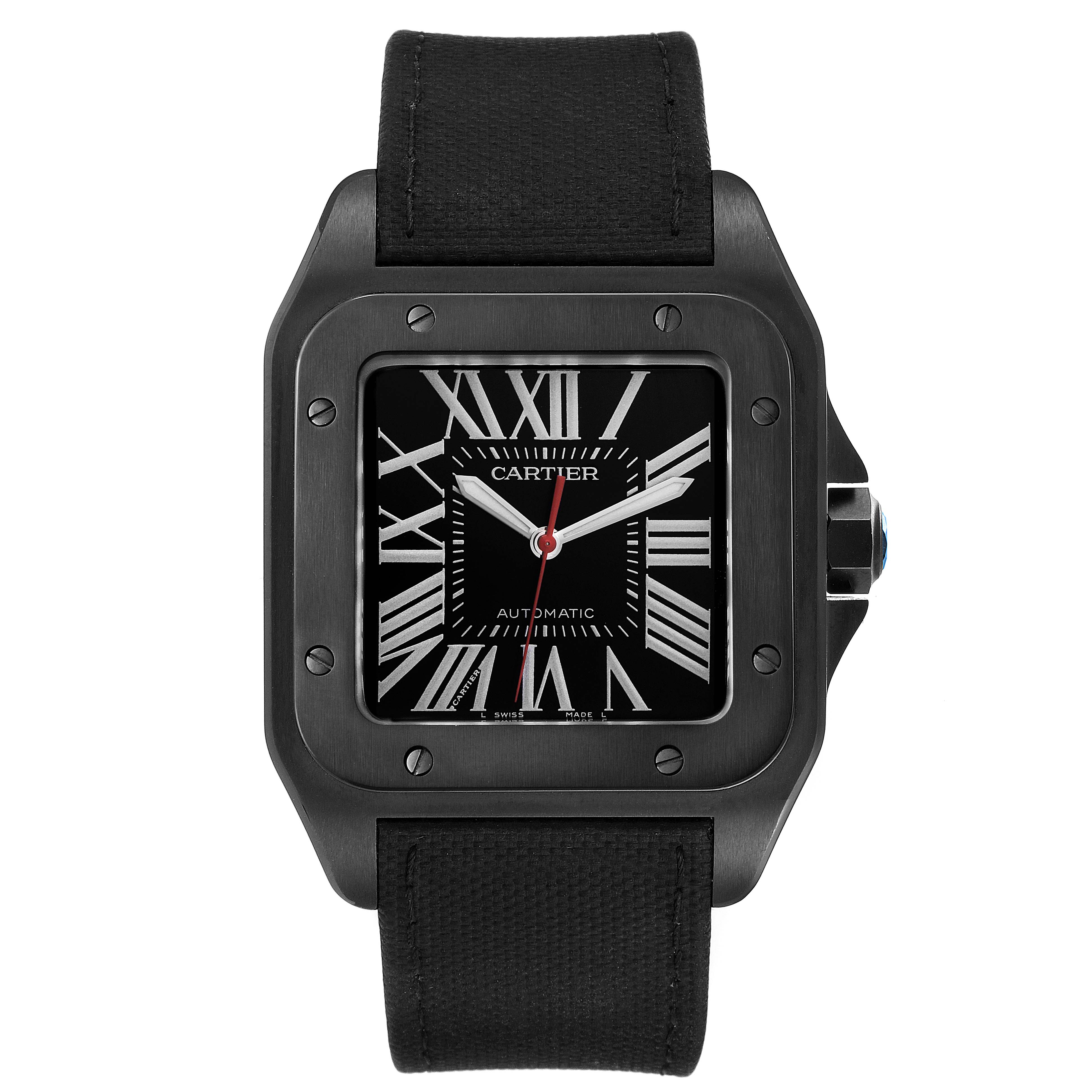 This image shows a frontal view of the Cartier Santos WSSA0006 Men's Stainless Steel Black Dial WSSA0006 Men's Stainless Steel Black Dial watch, displaying its black dial and strap.