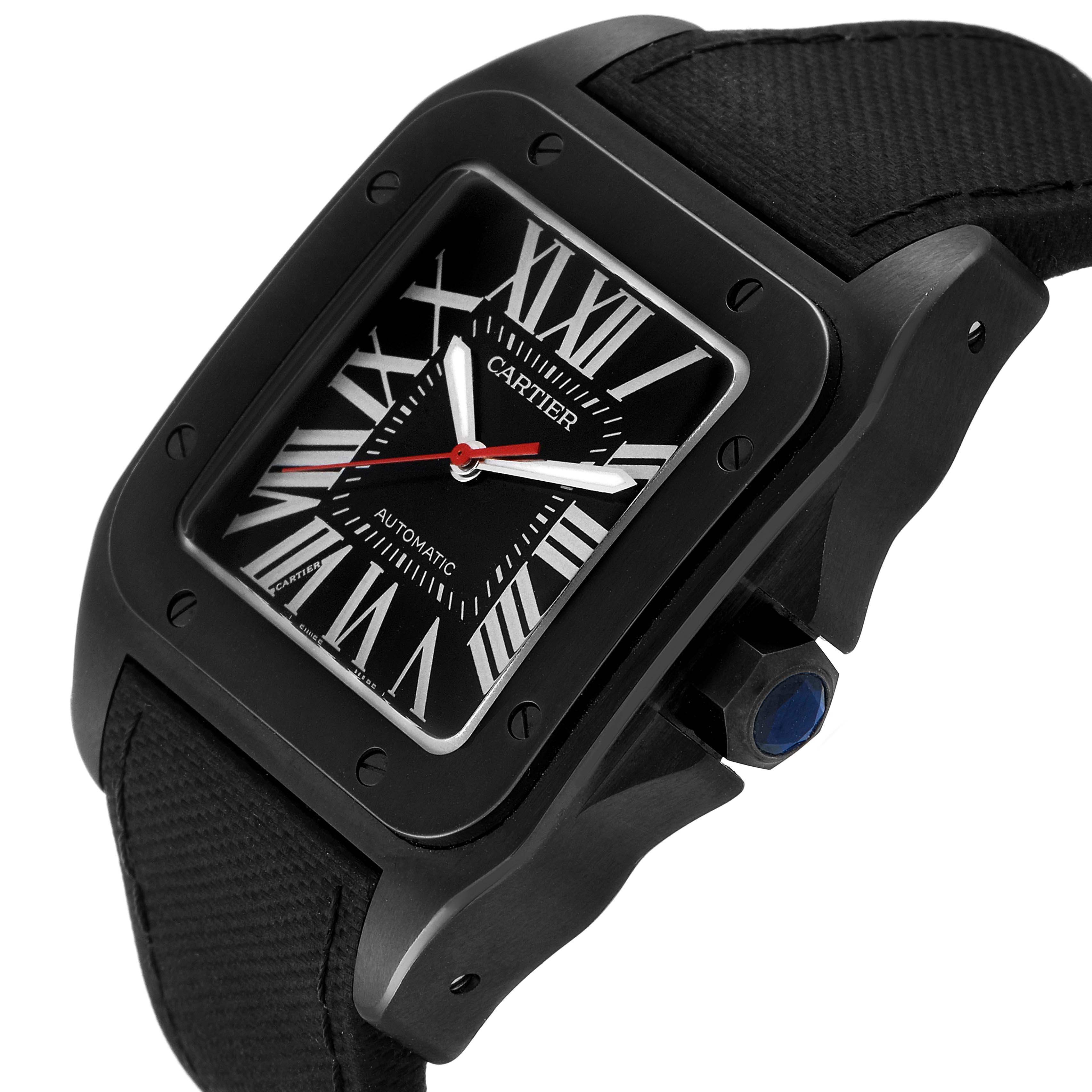 The image shows a Cartier Santos WSSA0006 Men's Stainless Steel Black Dial WSSA0006 Men's Stainless Steel Black Dial watch at a three-quarter angle, highlighting its black bezel, Roman numeral face, and black strap.