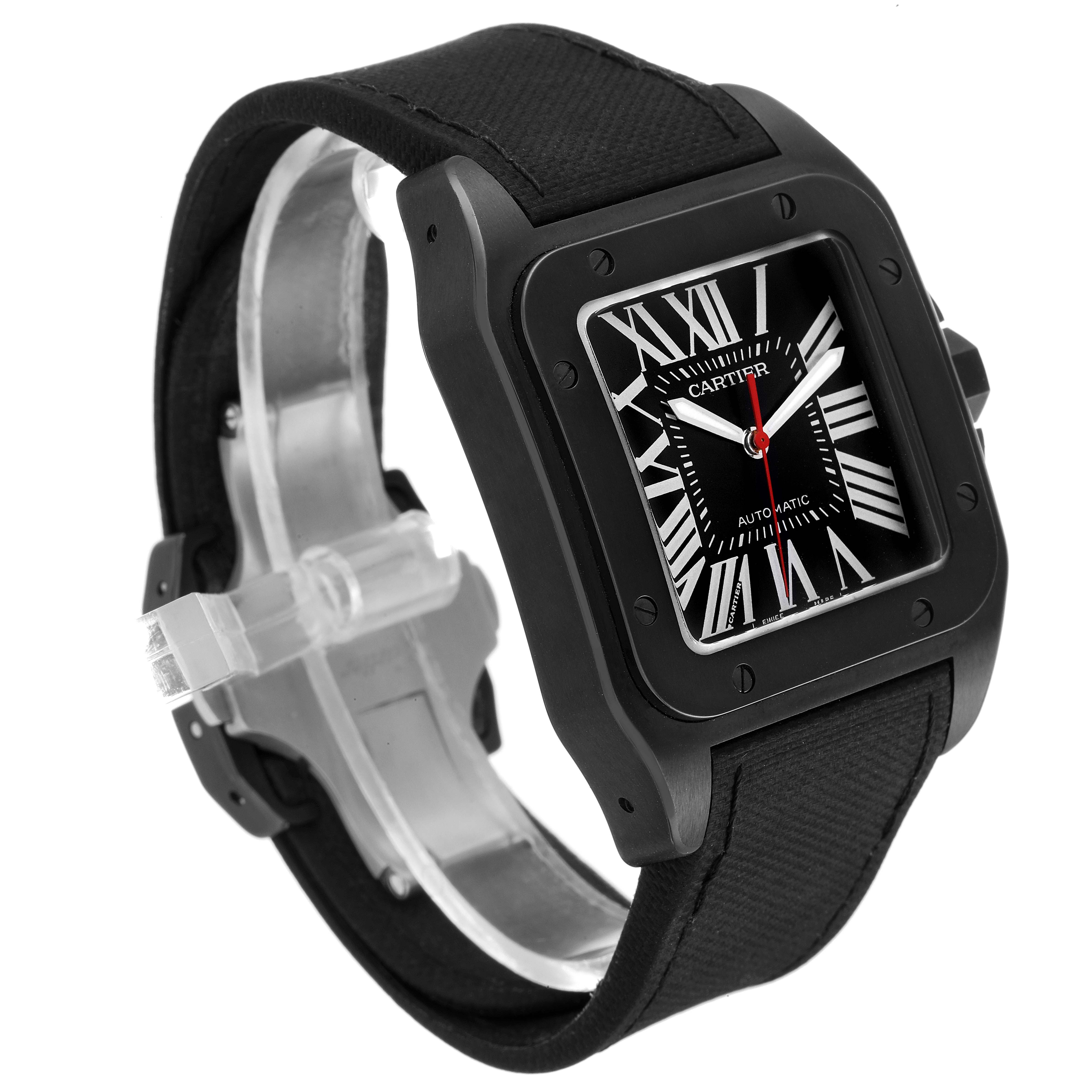 The image shows a side angle of the Cartier Santos WSSA0006 Men's Stainless Steel Black Dial WSSA0006 Men's Stainless Steel Black Dial watch, highlighting its black case, dial, and strap.