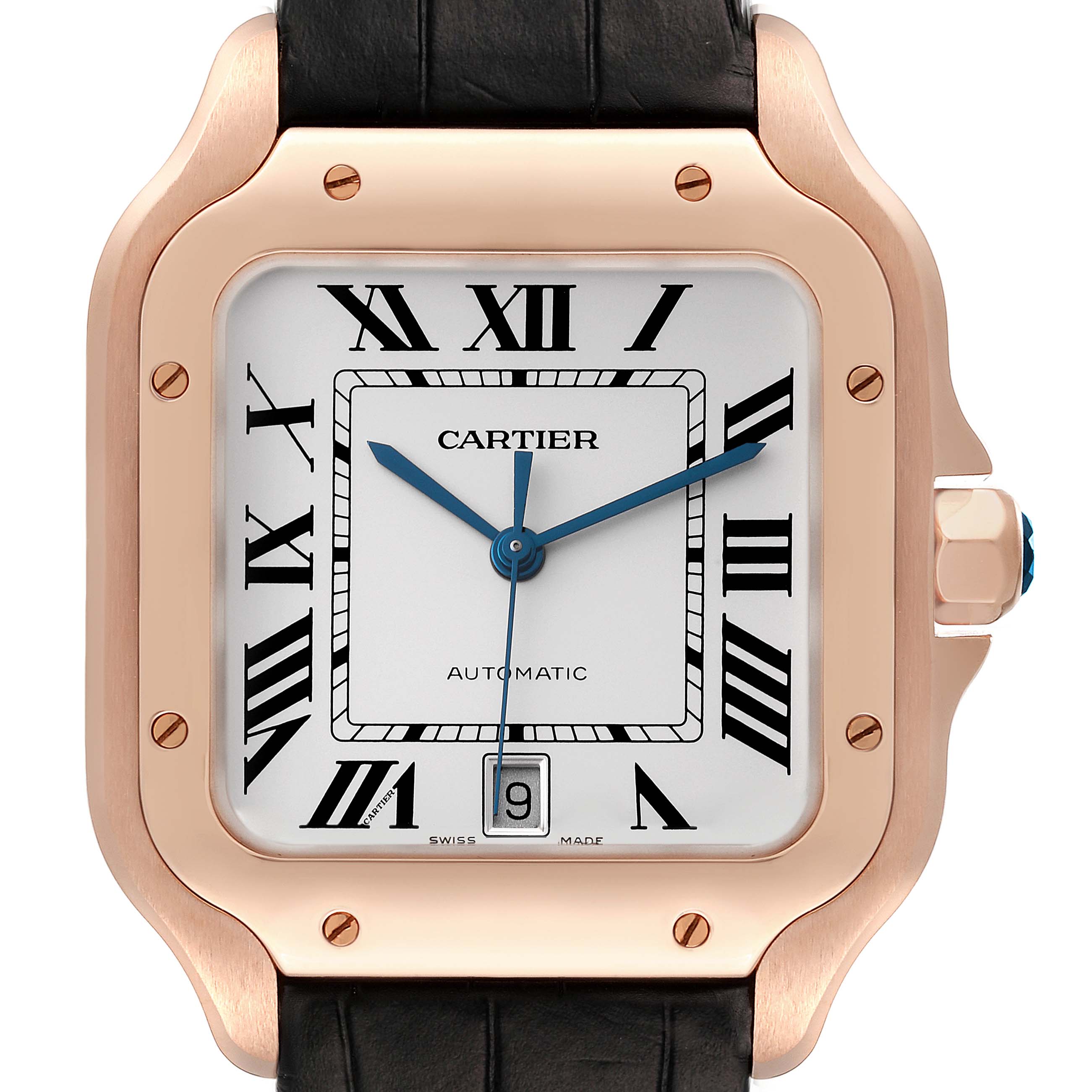 This close-up angle of the Cartier Santos WGSA0019 Men's Rose Gold Silver Dial WGSA0019 Men's Rose Gold Silver Dial watch shows its face, Roman numerals, date display, crown, and part of the strap.