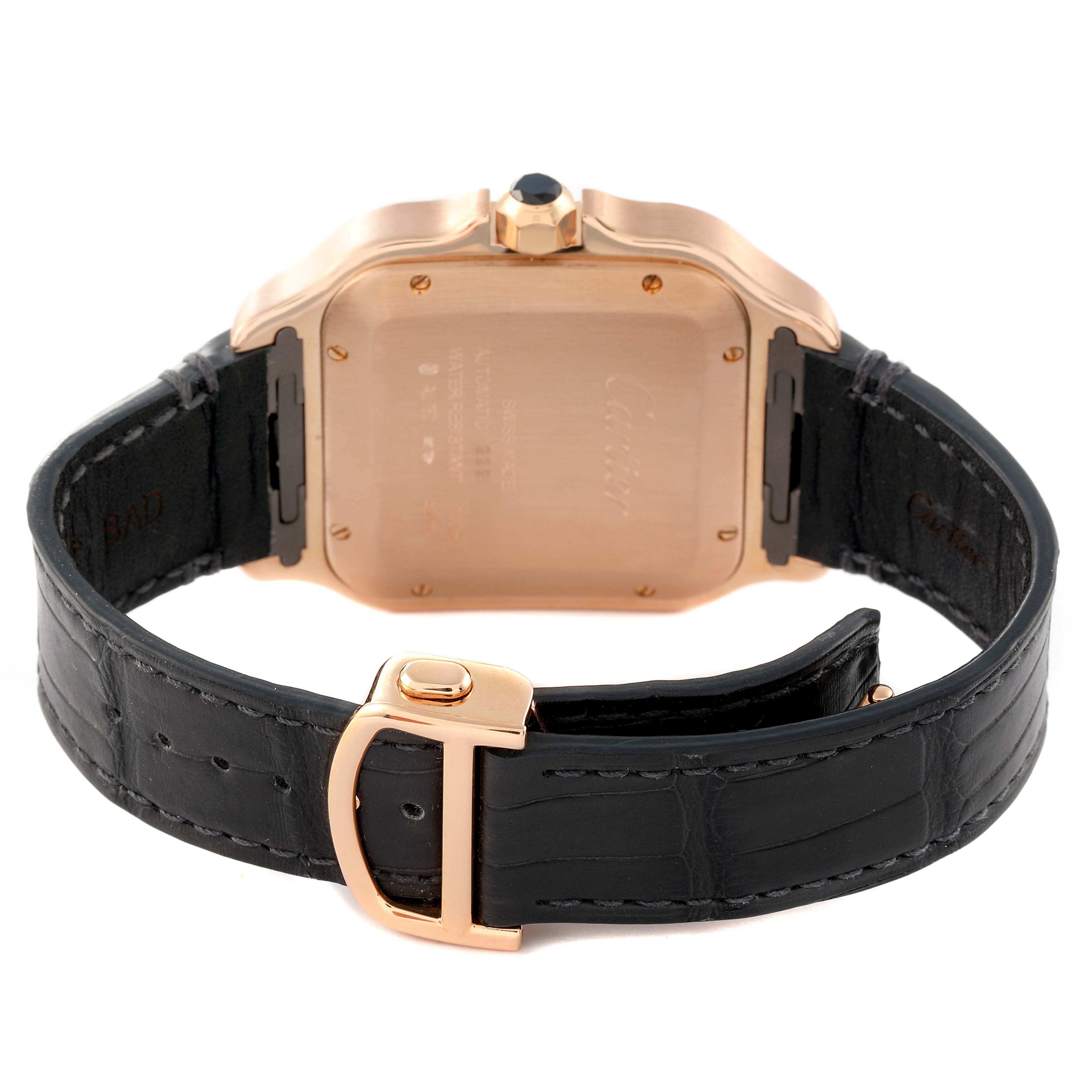 The image shows the back view of the Cartier Santos WGSA0019 Men's Rose Gold Silver Dial WGSA0019 Men's Rose Gold Silver Dial model watch, highlighting the case back, leather strap, and clasp.