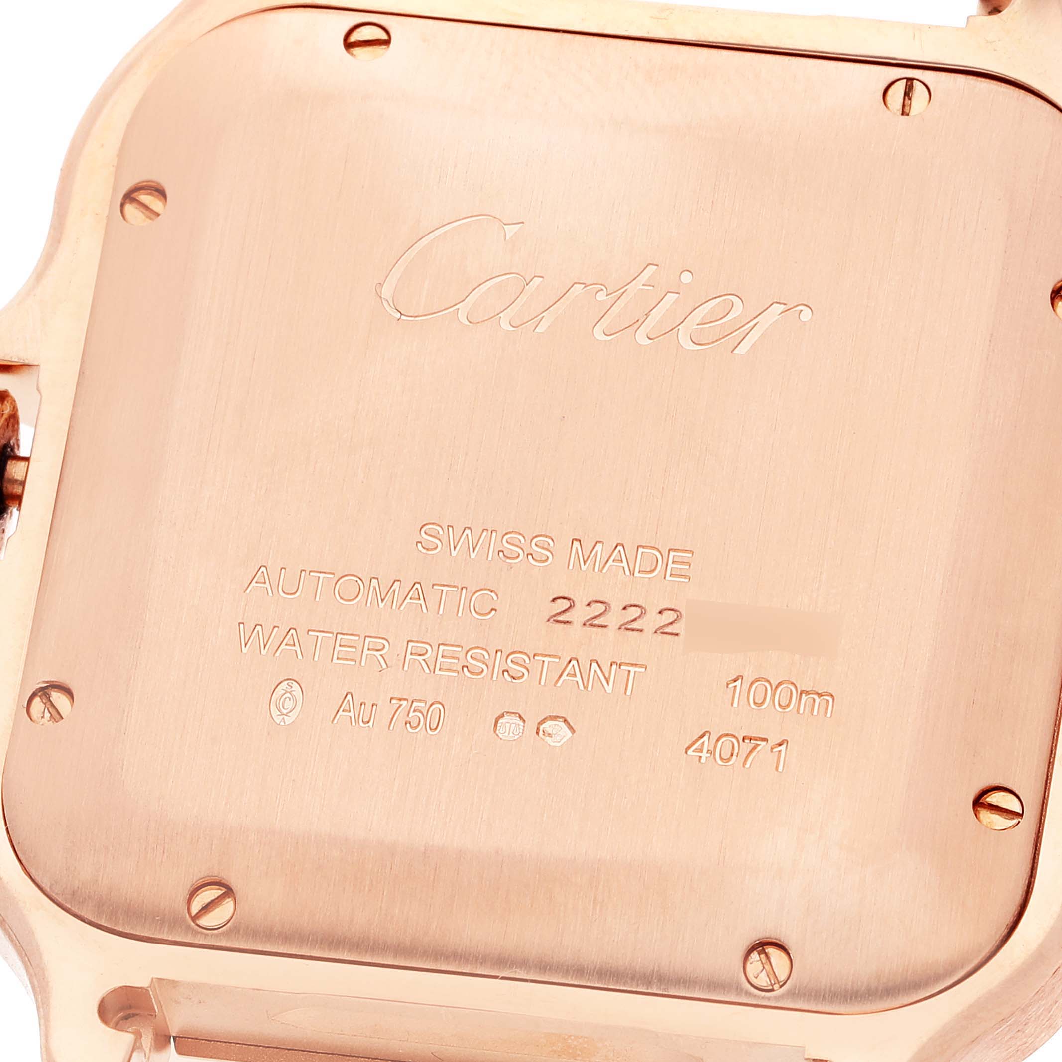 The image shows a close-up of the back case of a Santos model by Cartier, highlighting inscriptions and screws.
