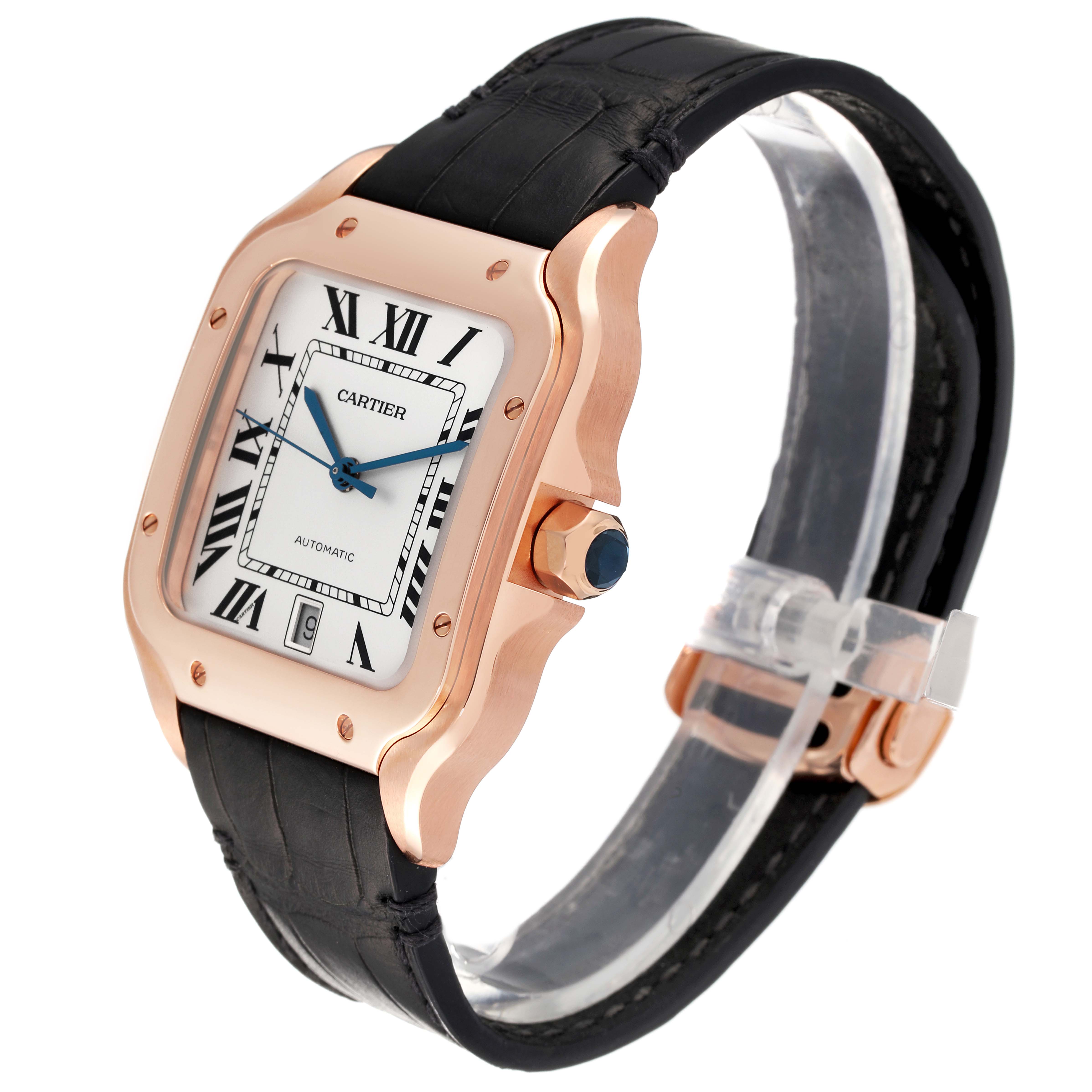 The image shows a Cartier Santos WGSA0019 Men's Rose Gold Silver Dial WGSA0019 Men's Rose Gold Silver Dial model watch at an angle highlighting the face, case, strap, and side crown.