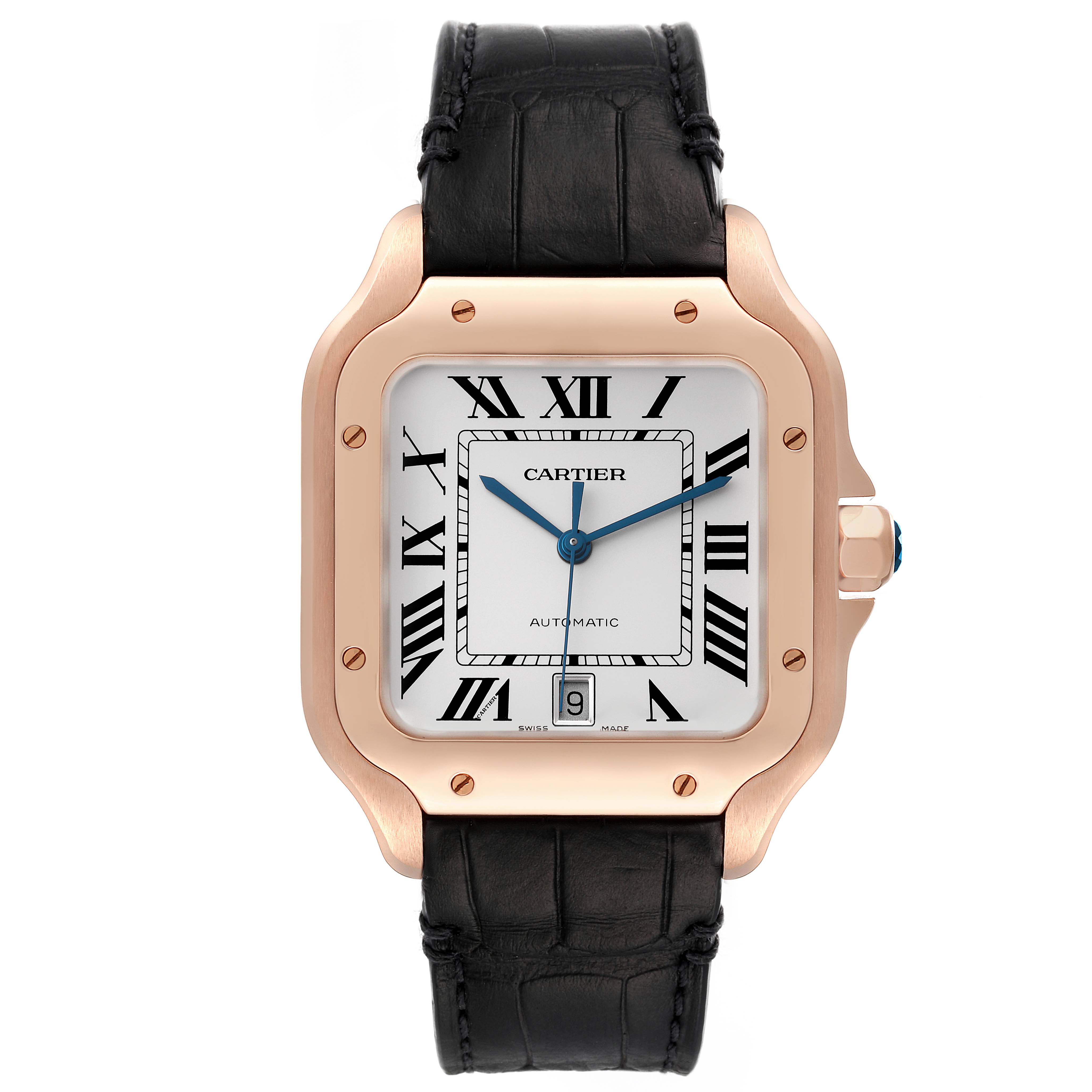 This image shows a Cartier Santos WGSA0019 Men's Rose Gold Silver Dial WGSA0019 Men's Rose Gold Silver Dial watch from a front angle, featuring a rose gold case, Roman numeral dial, and black leather strap.