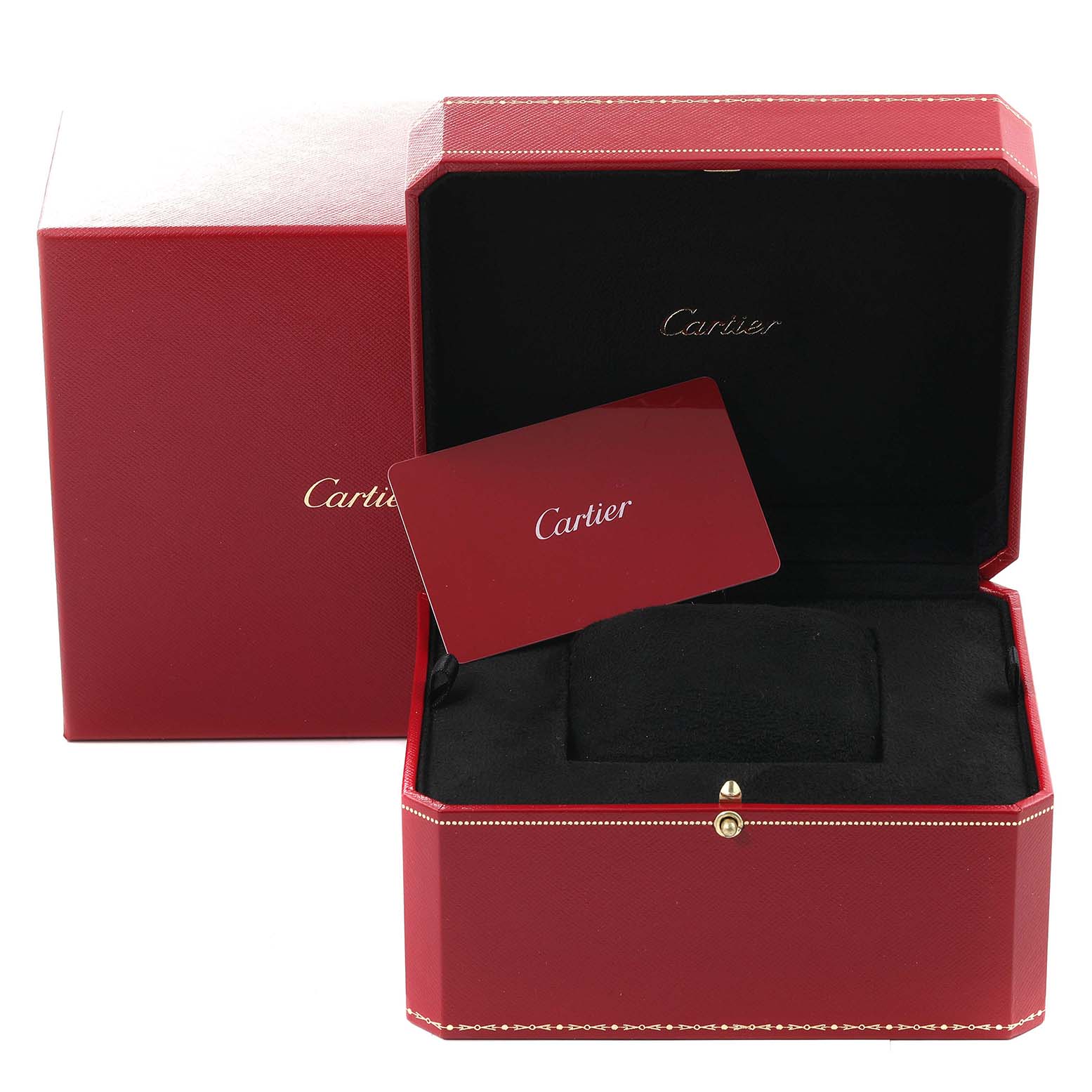 This image shows the red Cartier box and accessories for the Santos watch model, including a Cartier card inside the box.