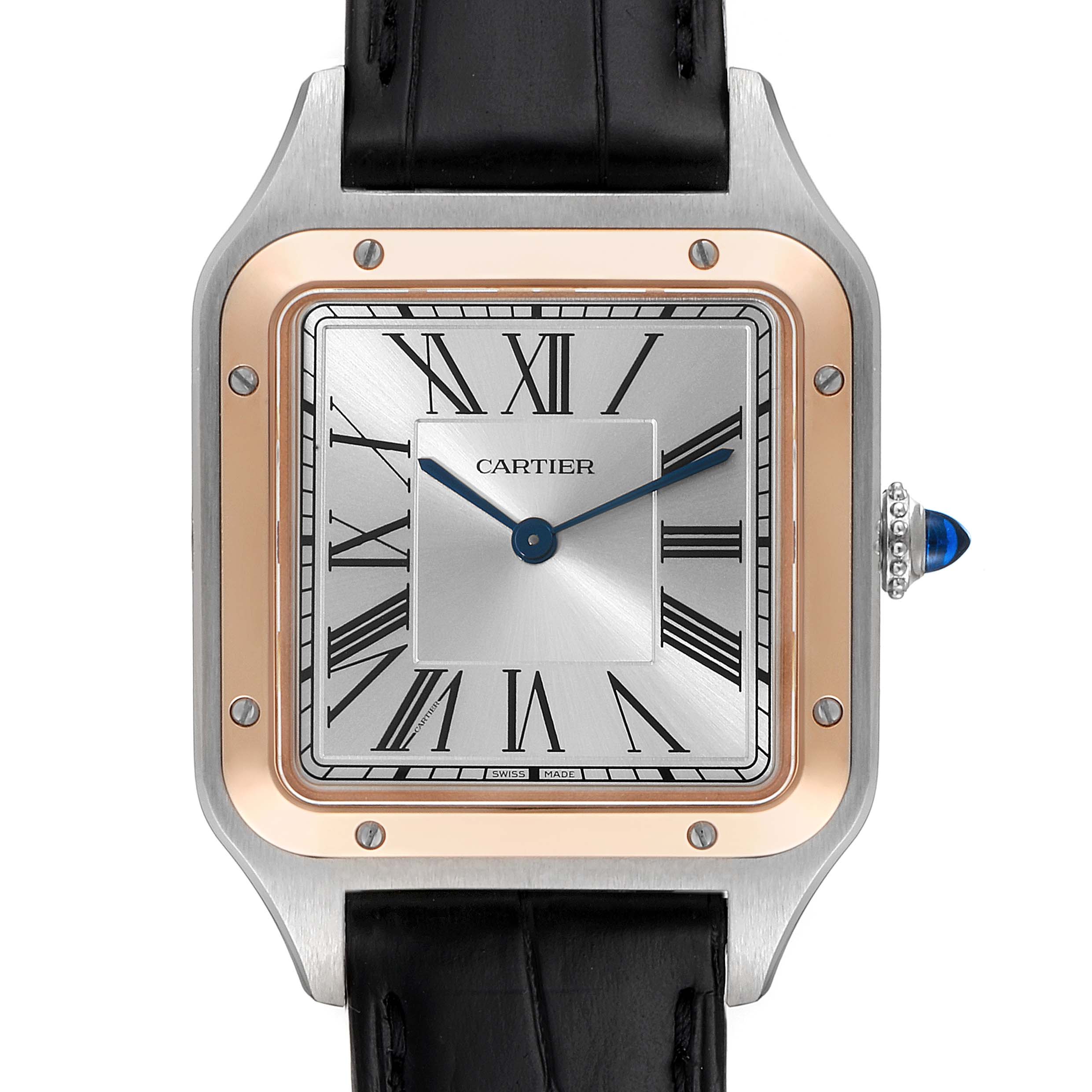 The Cartier Santos Dumont W2SA0011 Men's Steel and Gold (two tone) Silver Dial W2SA0011 Men's Steel and Gold (two tone) Silver Dial model watch is shown from a front angle, displaying its face, case, and part of the strap.
