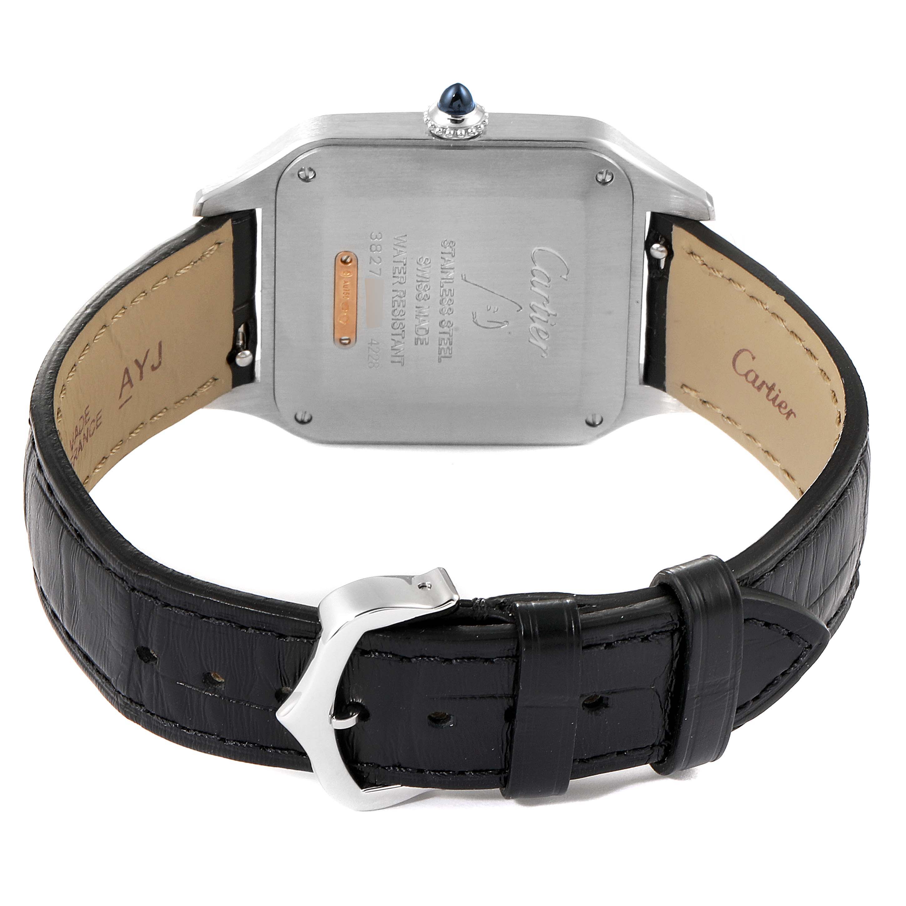 The back view of the Santos Dumont model by Cartier shows the case, case back, and leather strap with a buckle.