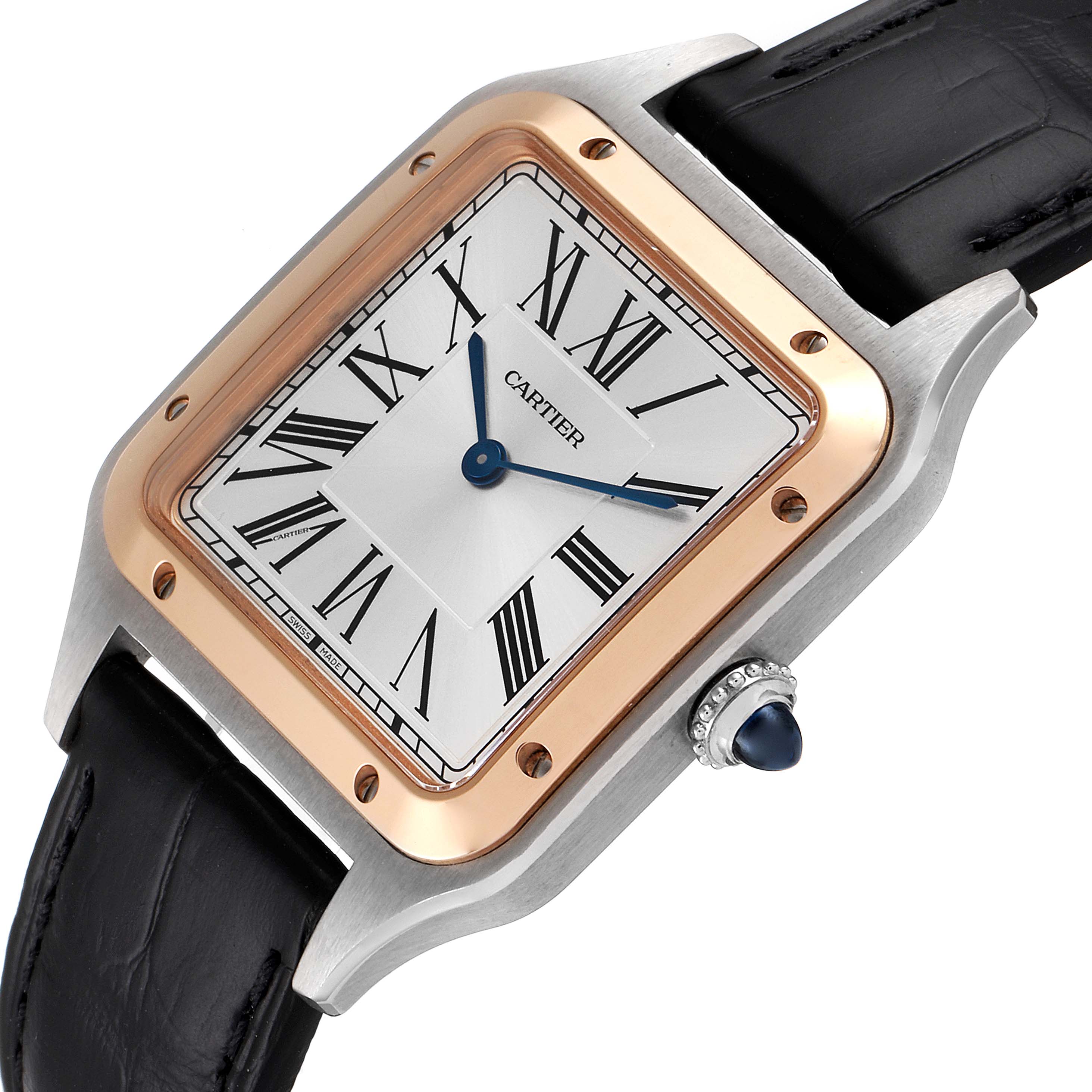The image shows a close-up angle of the Cartier Santos Dumont W2SA0011 Men's Steel and Gold (two tone) Silver Dial W2SA0011 Men's Steel and Gold (two tone) Silver Dial watch, highlighting the face, Roman numerals, and leather strap.