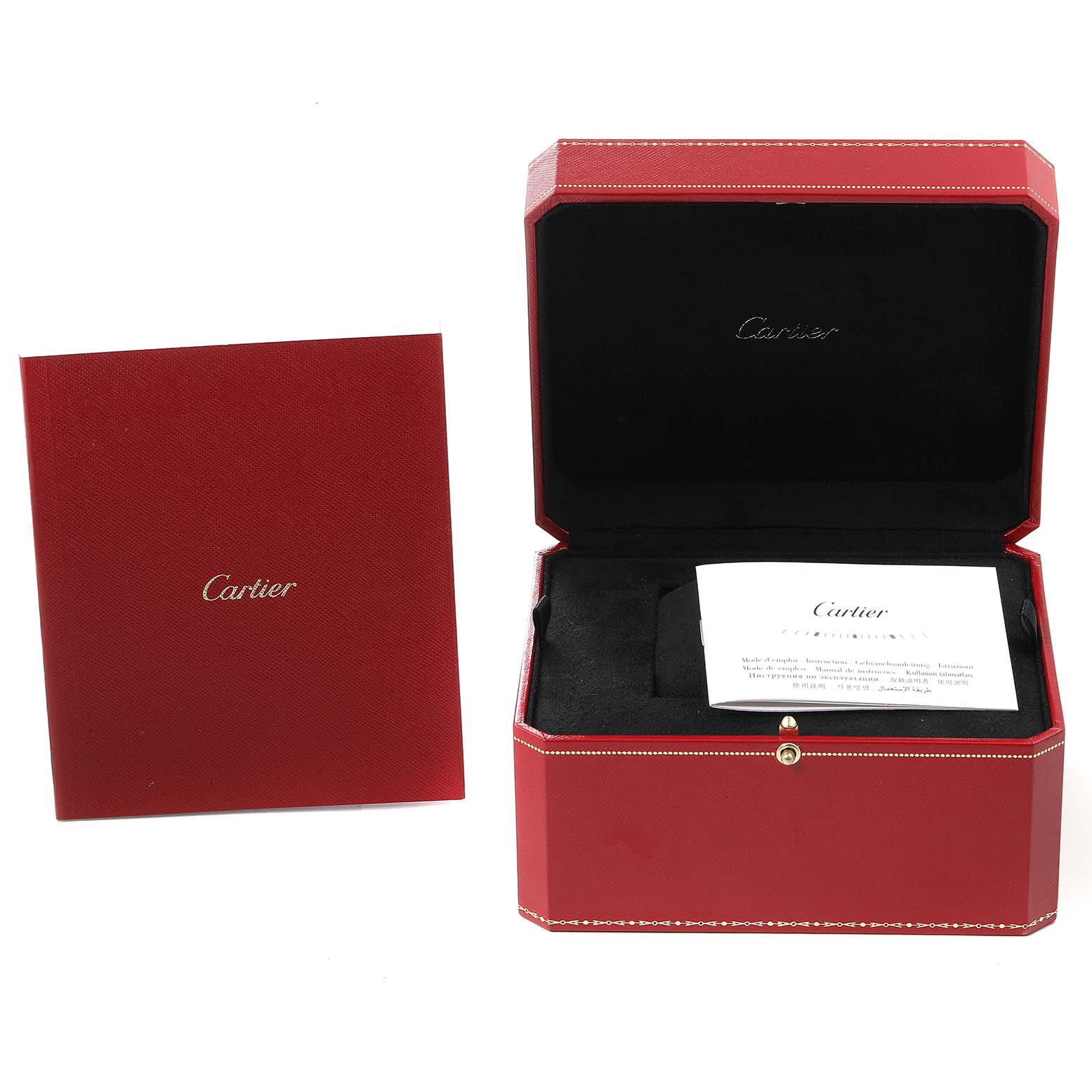 This image shows the open red case and accompanying booklet for the Santos Dumont model by Cartier.