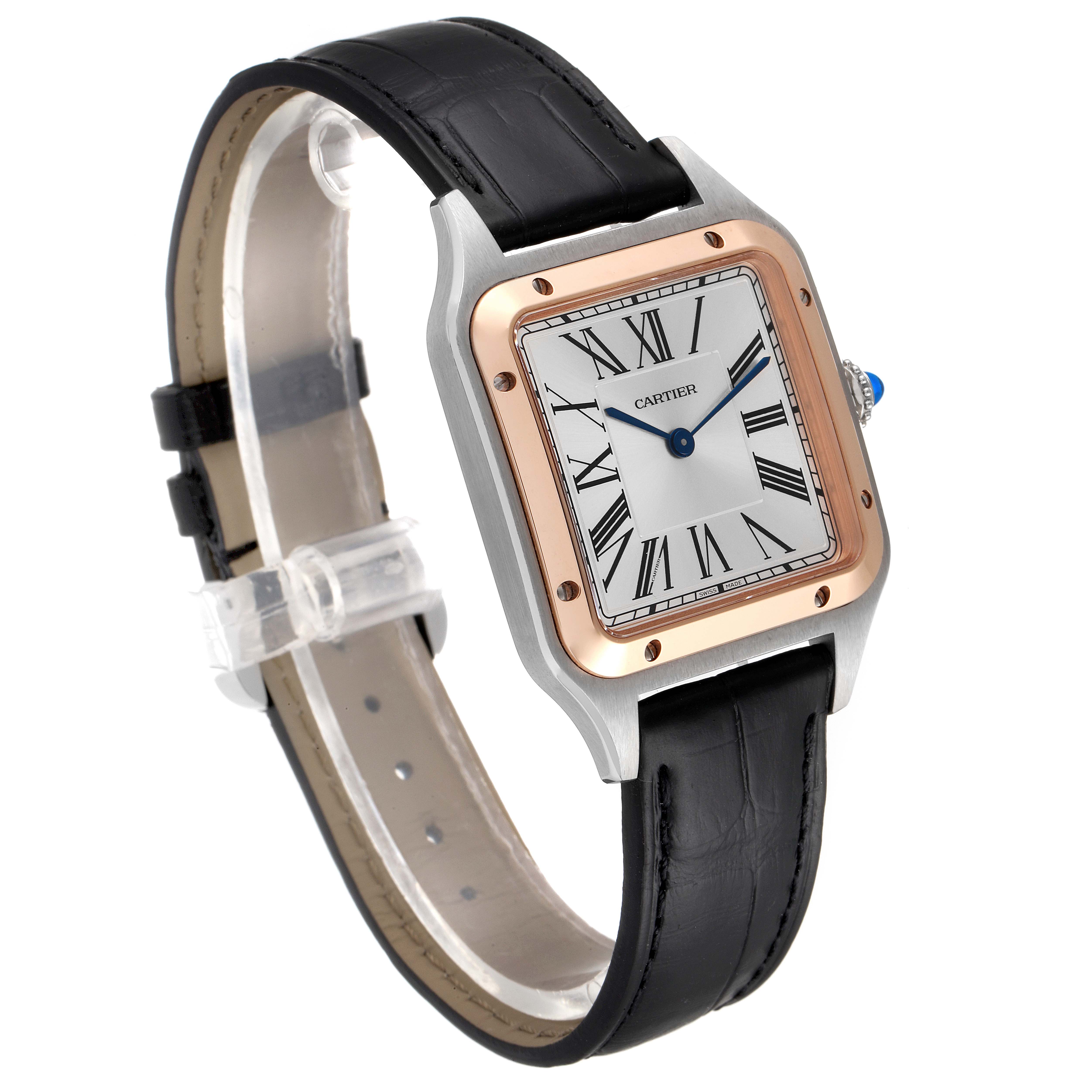 The Cartier Santos Dumont W2SA0011 Men's Steel and Gold (two tone) Silver Dial W2SA0011 Men's Steel and Gold (two tone) Silver Dial watch is shown at a three-quarter angle, displaying the face, bezel, and leather strap.