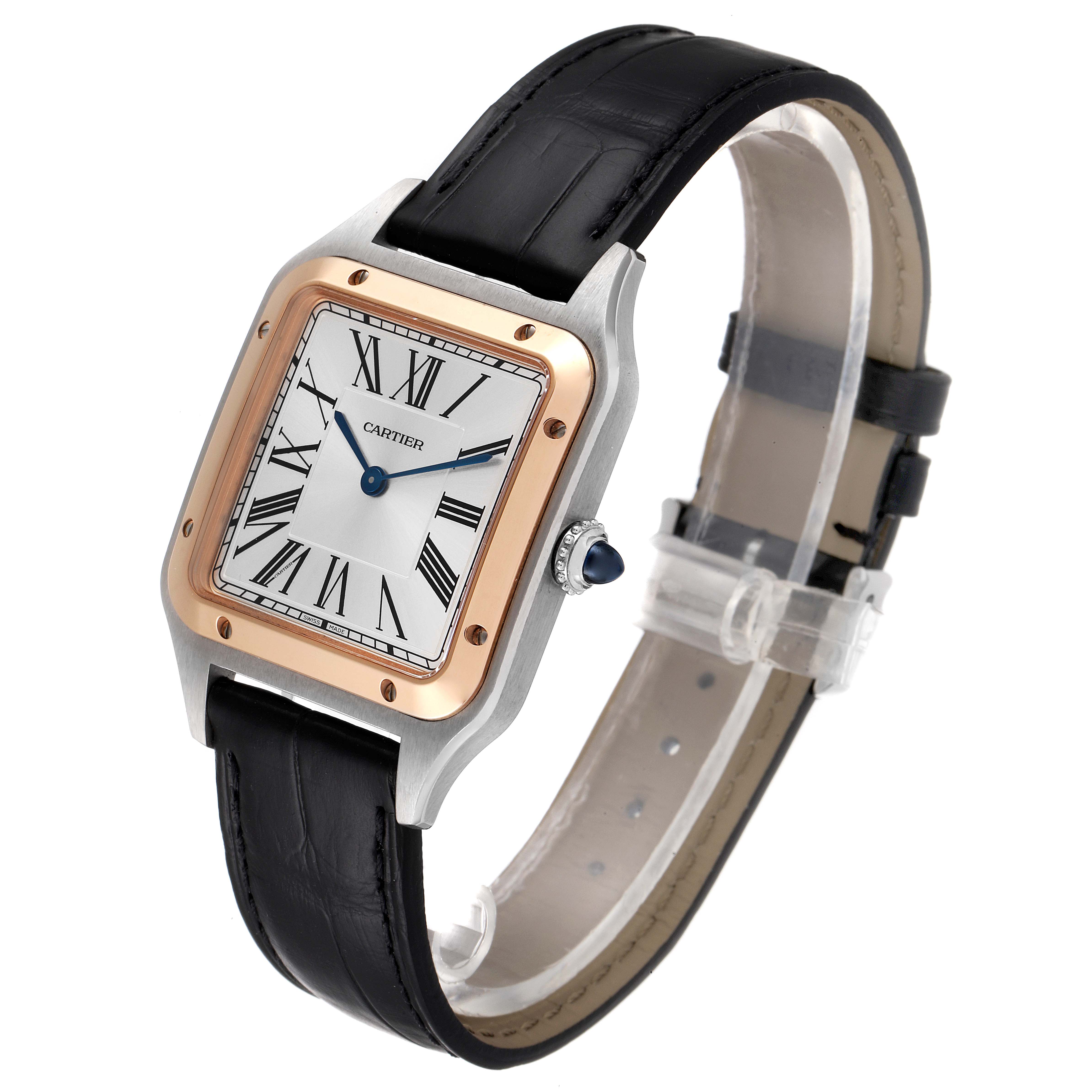 The image shows a Cartier Santos Dumont W2SA0011 Men's Steel and Gold (two tone) Silver Dial W2SA0011 Men's Steel and Gold (two tone) Silver Dial watch at a three-quarter angle, highlighting its face, bezel, crown, and strap.