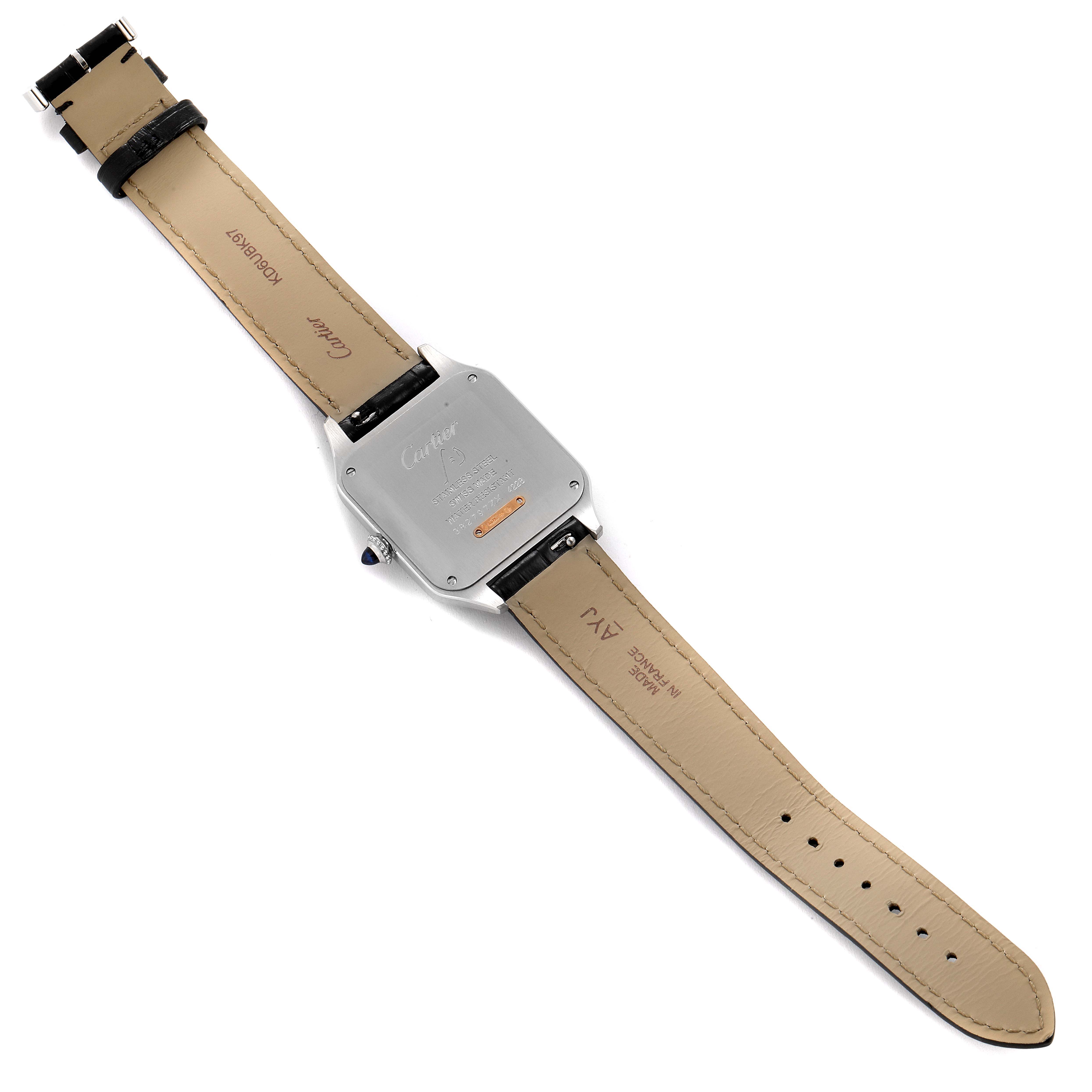 This image shows the back and full leather strap of the Cartier Santos Dumont W2SA0011 Men's Steel and Gold (two tone) Silver Dial W2SA0011 Men's Steel and Gold (two tone) Silver Dial watch, lying flat with its clasp open.