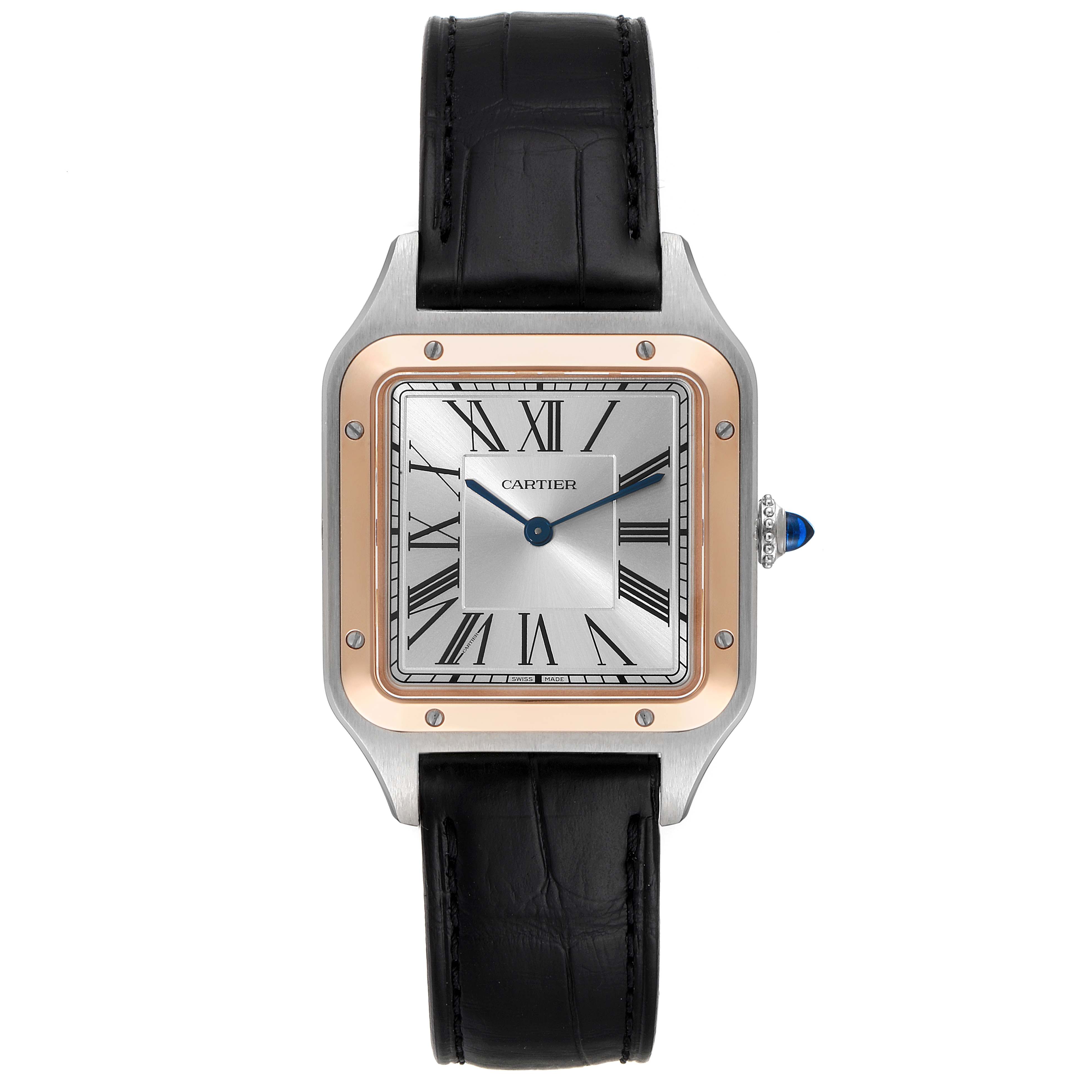 The image shows a front view of the Cartier Santos Dumont W2SA0011 Men's Steel and Gold (two tone) Silver Dial W2SA0011 Men's Steel and Gold (two tone) Silver Dial watch with a square face and black leather strap.